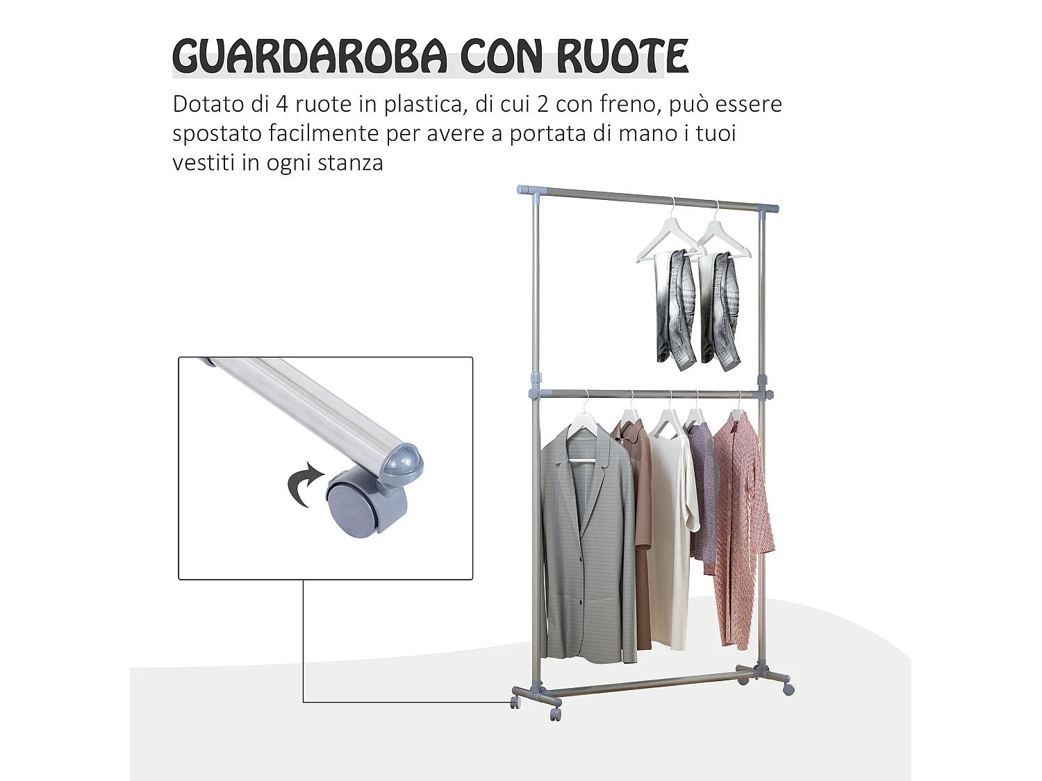 Stand appendiabiti altezza regolabile con 4 ruote girevoli