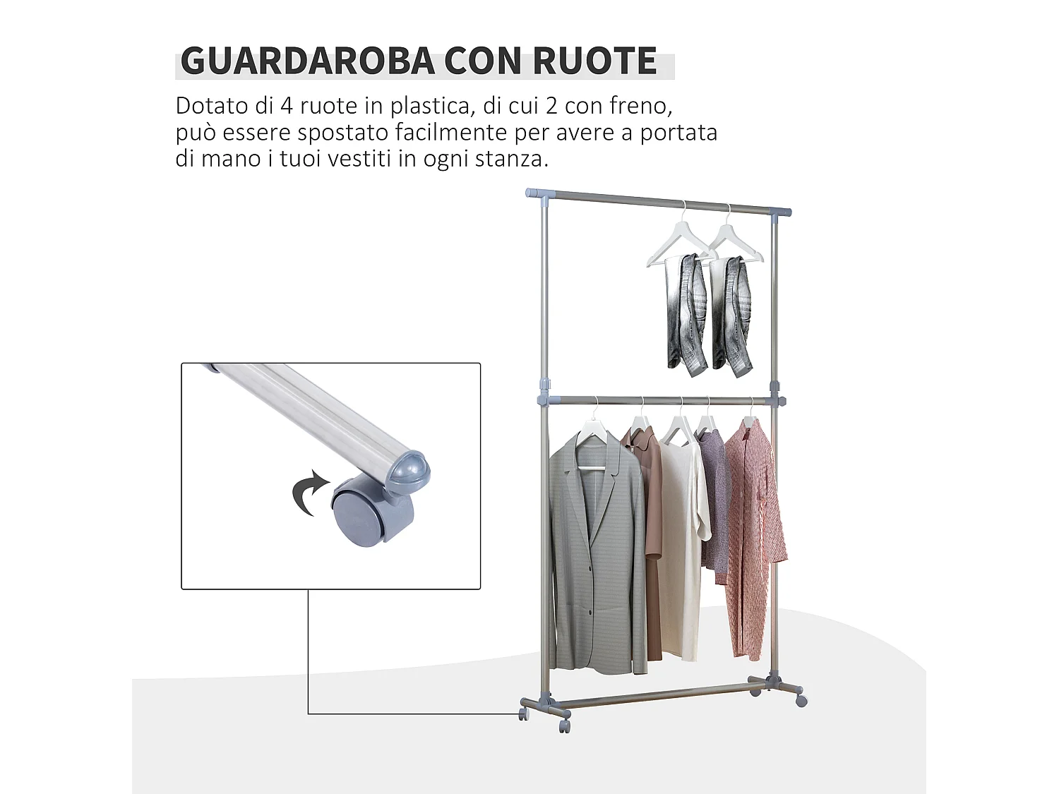 Stand appendiabiti altezza regolabile con 4 ruote girevoli