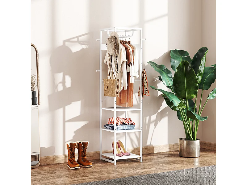 Appendiabiti da terra con asta e 2 ripiani in mdf e acciaio bianco