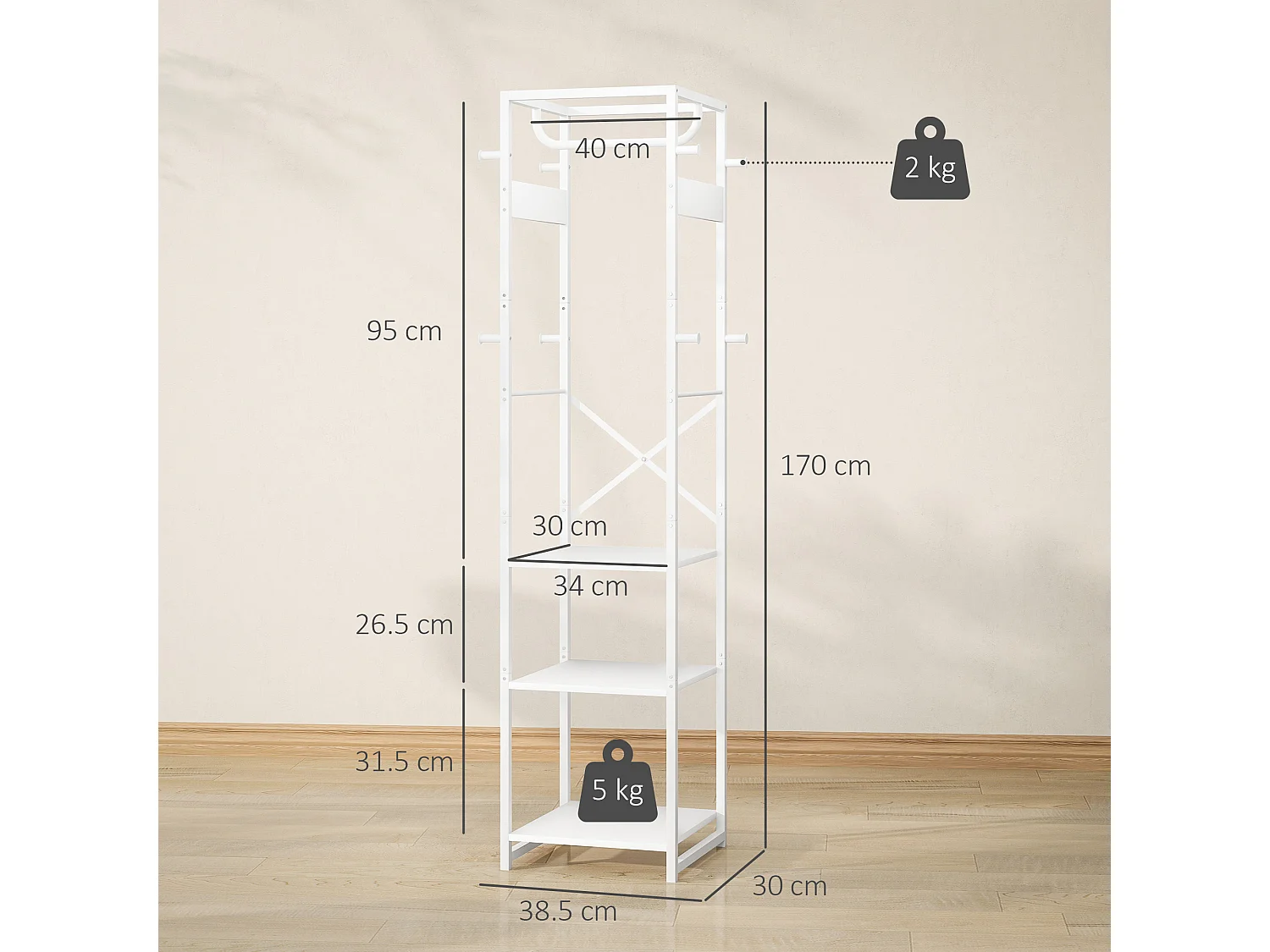 Appendiabiti da terra con asta e 2 ripiani in mdf e acciaio bianco
