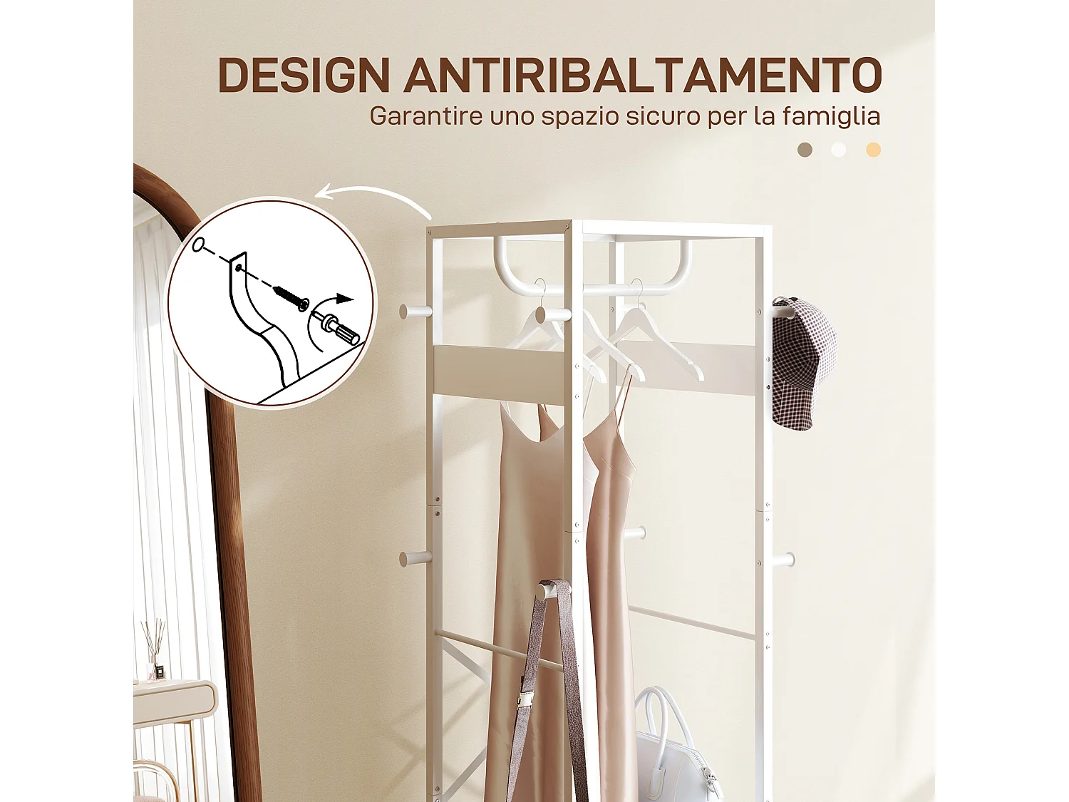 Appendiabiti da terra con asta e 2 ripiani in mdf e acciaio bianco