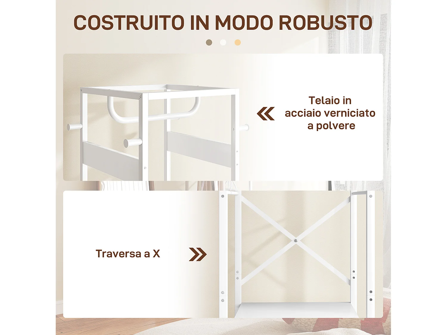 Appendiabiti da terra con asta e 2 ripiani in mdf e acciaio bianco