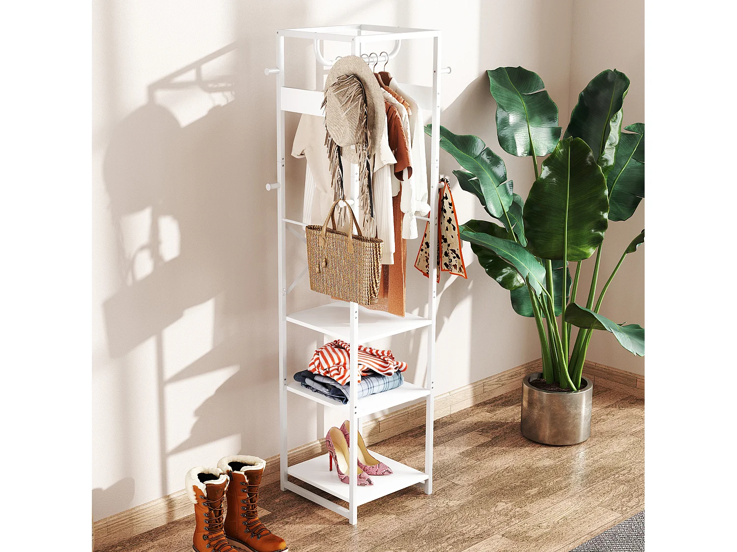 Appendiabiti da terra con asta e 2 ripiani in mdf e acciaio bianco