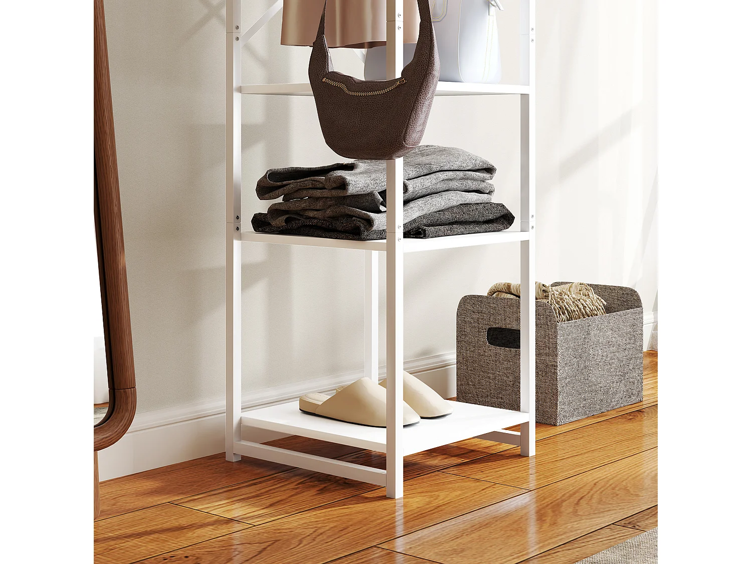 Appendiabiti da terra con asta e 2 ripiani in mdf e acciaio bianco