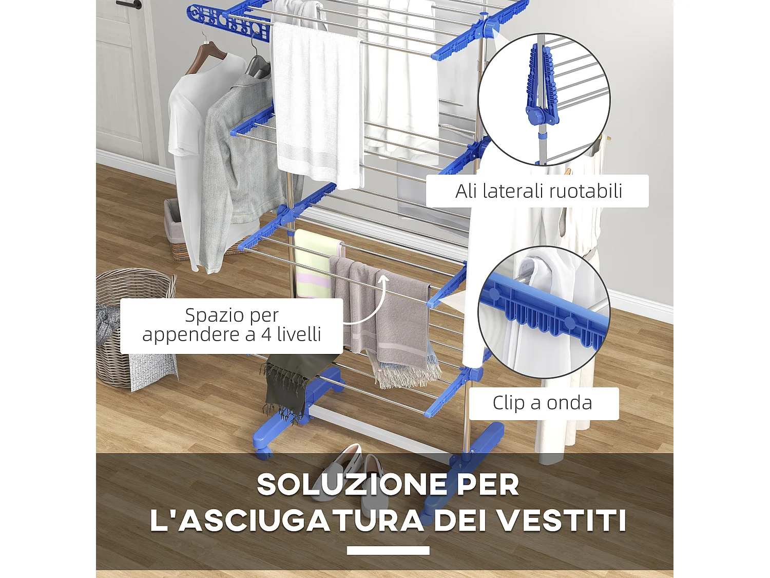 Stendino verticale pieghevole a 4 livelli e 6 ruote blu e bianco