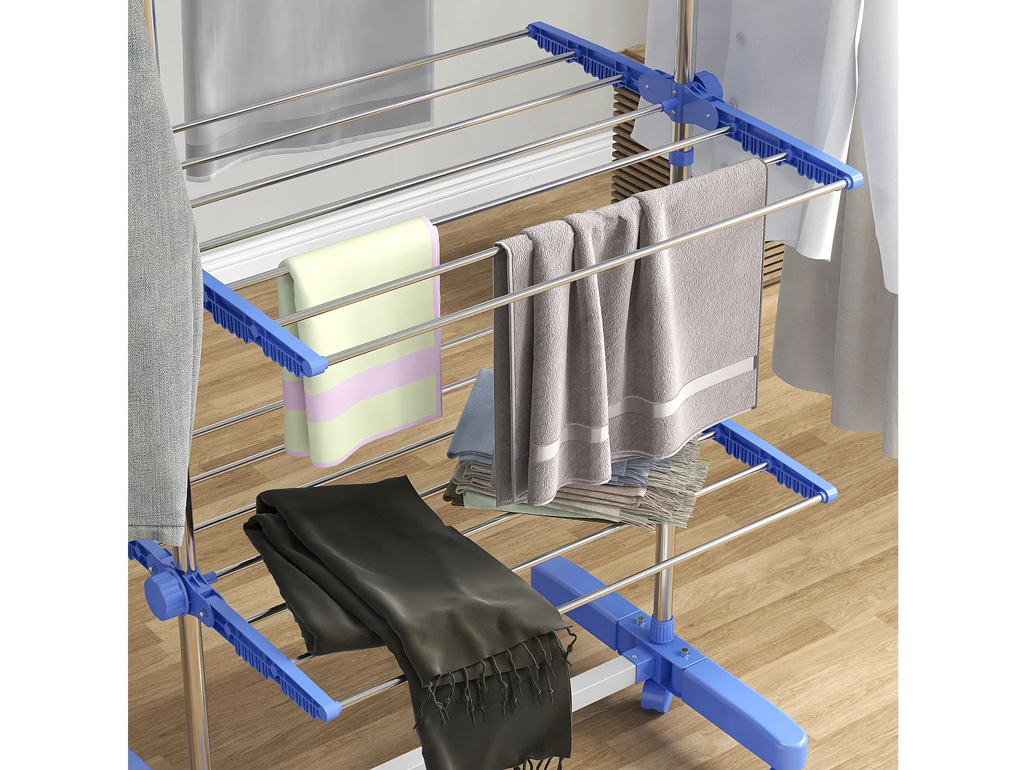 Stendino verticale pieghevole a 4 livelli e 6 ruote blu e bianco