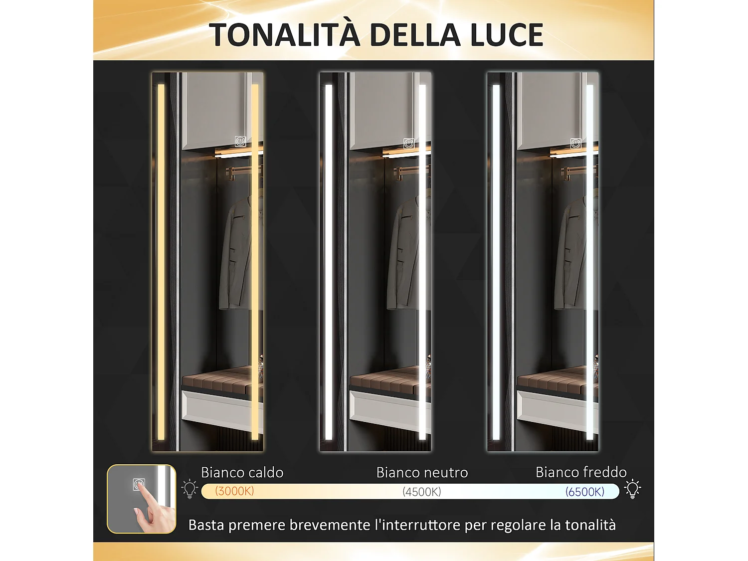 Specchio da parete rettangolare touch con luci led regolabili