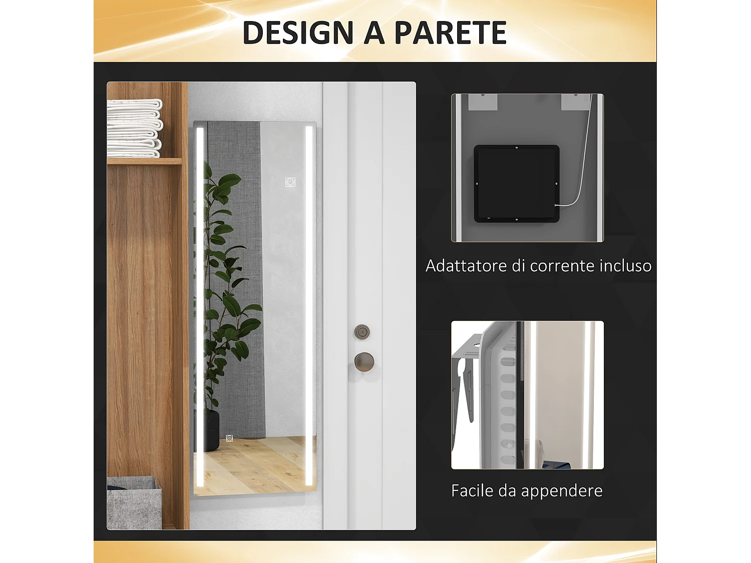 Specchio da parete rettangolare touch con luci led regolabili