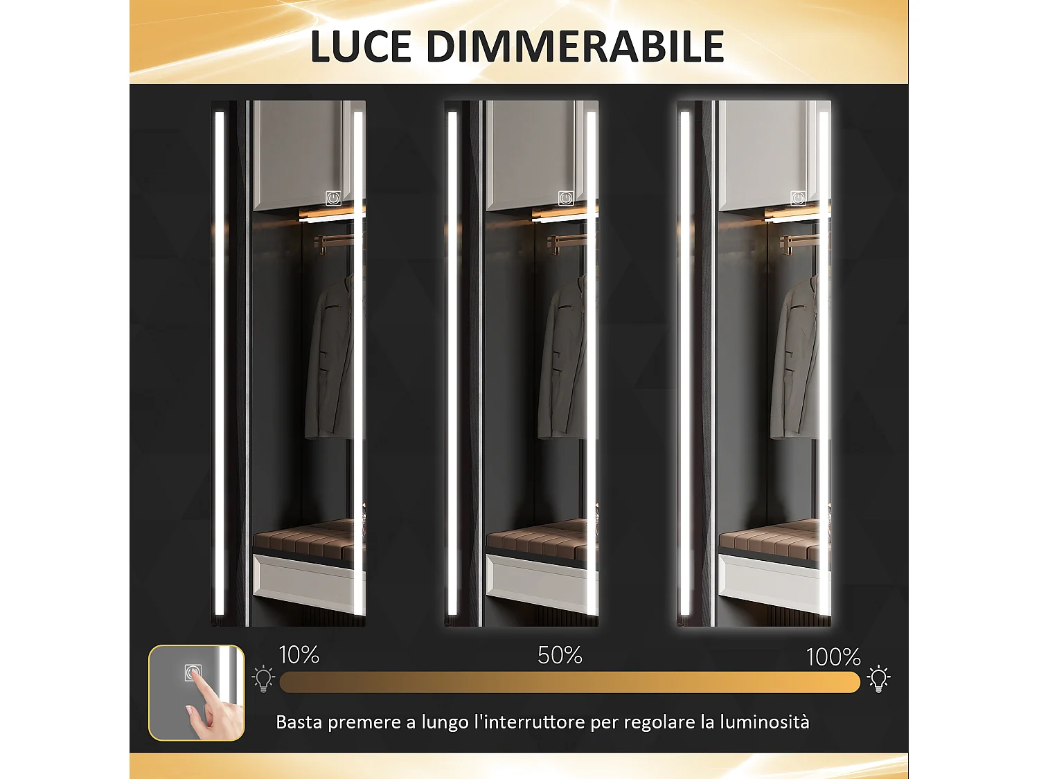Specchio da parete rettangolare touch con luci led regolabili