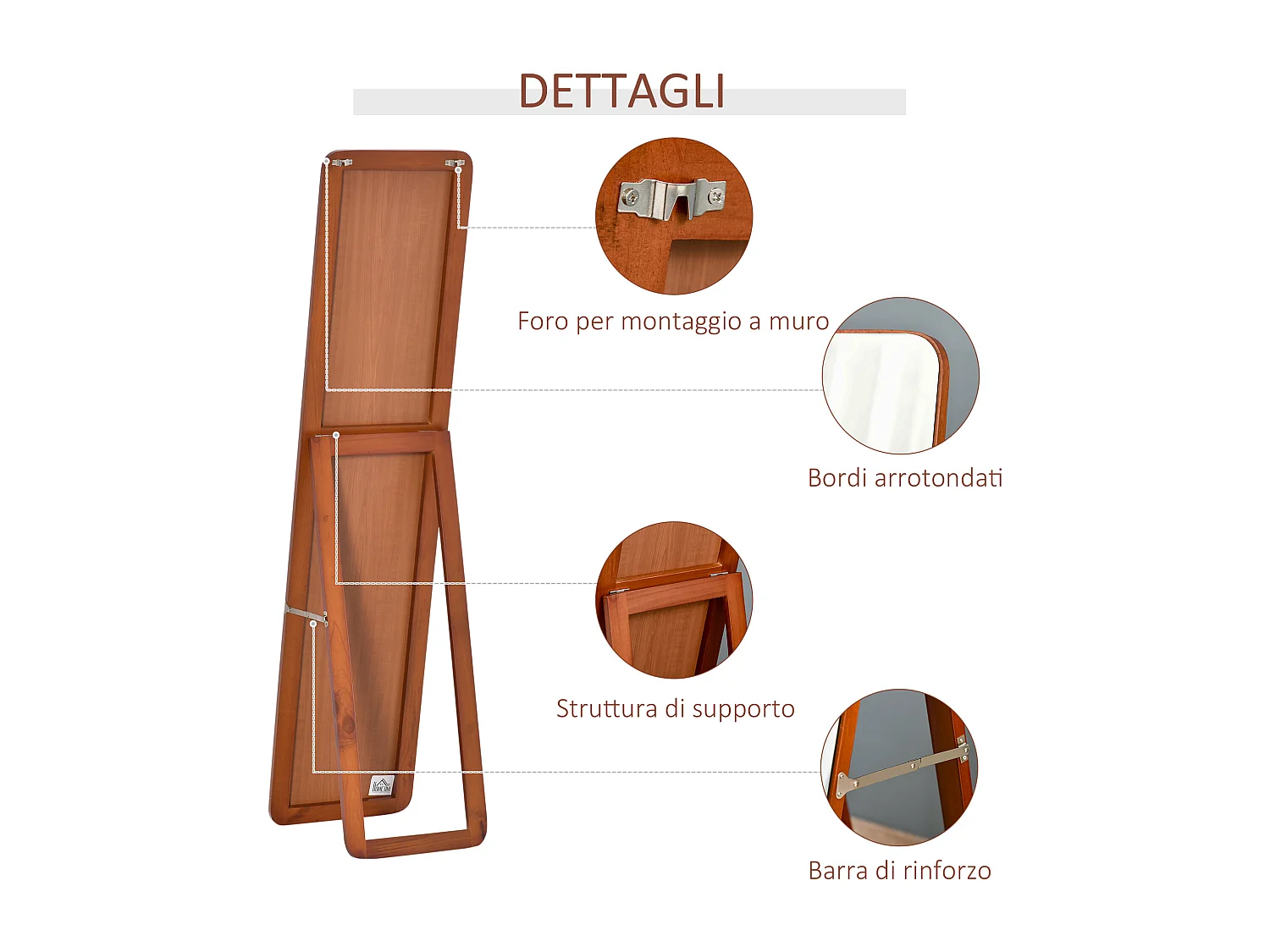 Specchio da Terra e Parete in Legno con Supporto Pieghevole