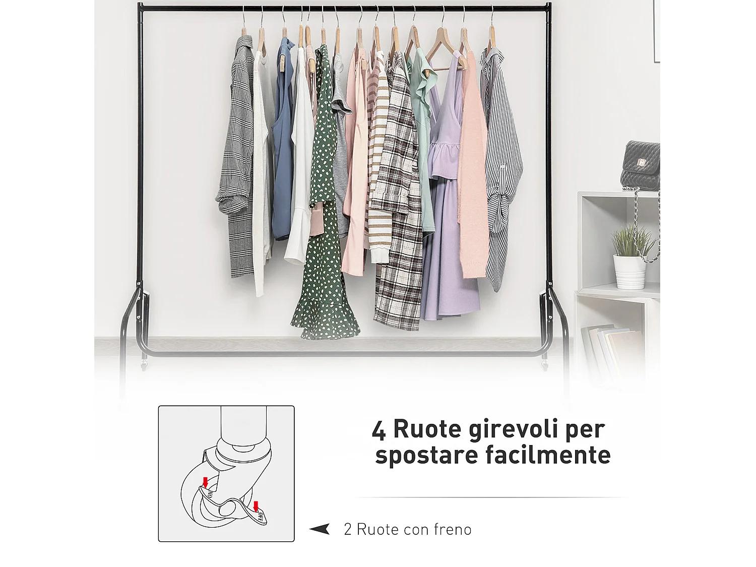 Rella appendiabiti attaccapanni in metallo nero con rotelle