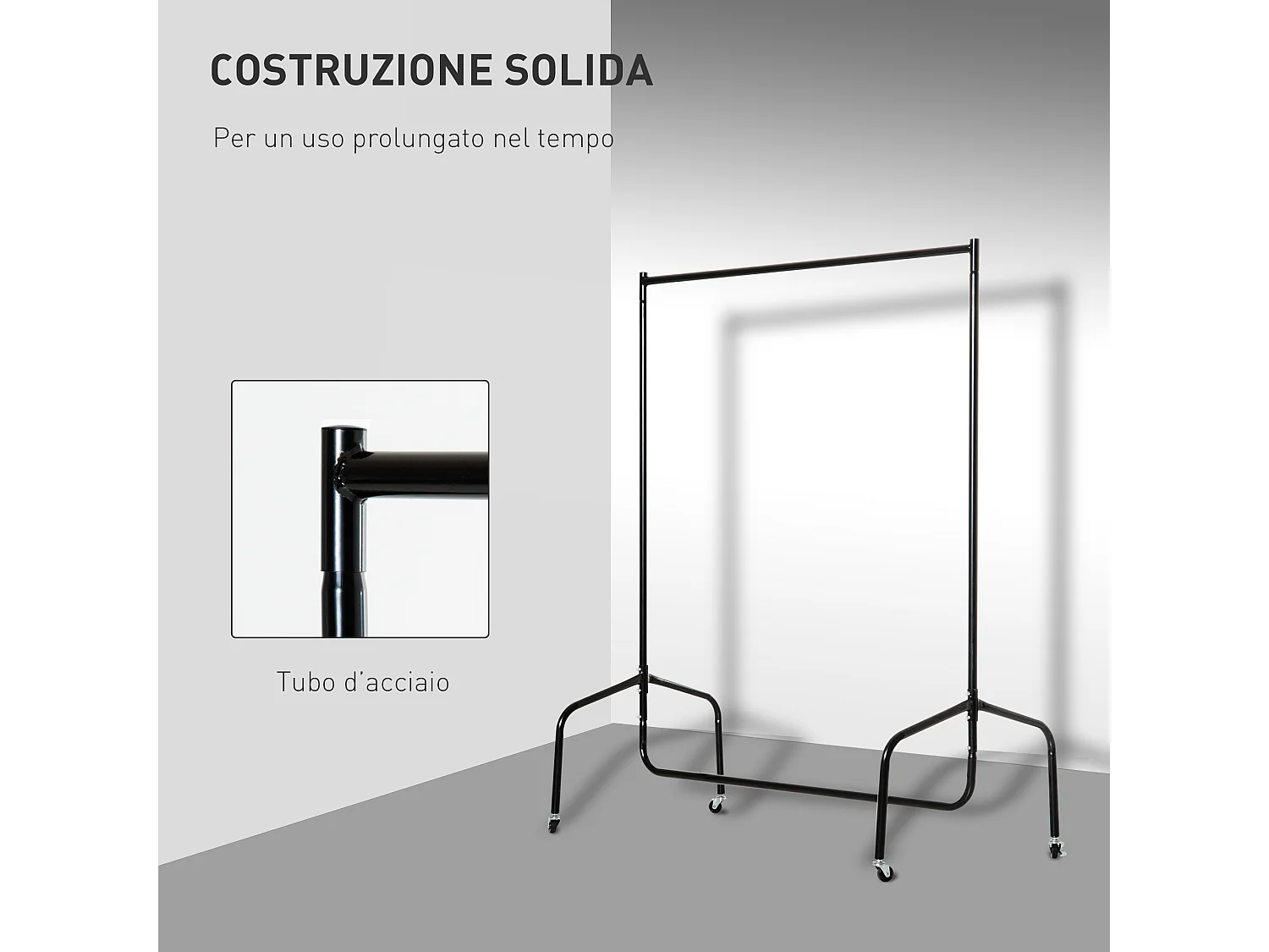 Rella appendiabiti attaccapanni in metallo nero con rotelle