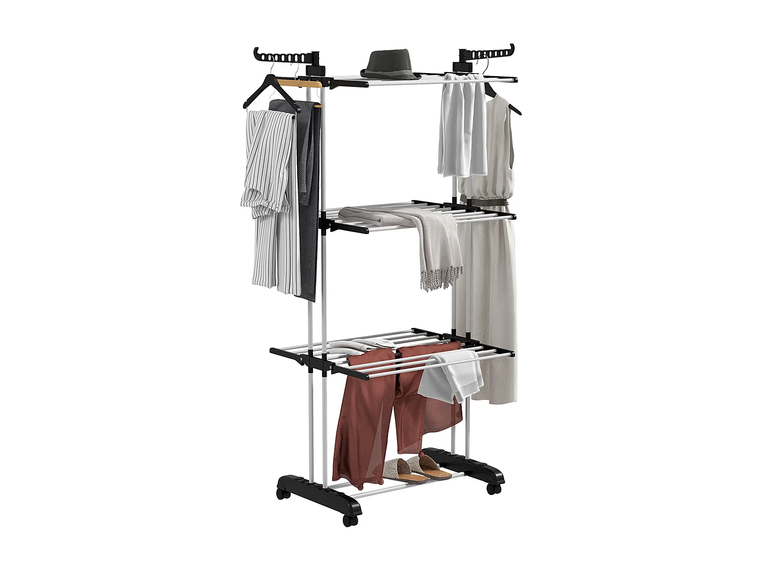 Stendibiancheria a 4 livelli con 4 ruote girevoli in acciaio e pp nero