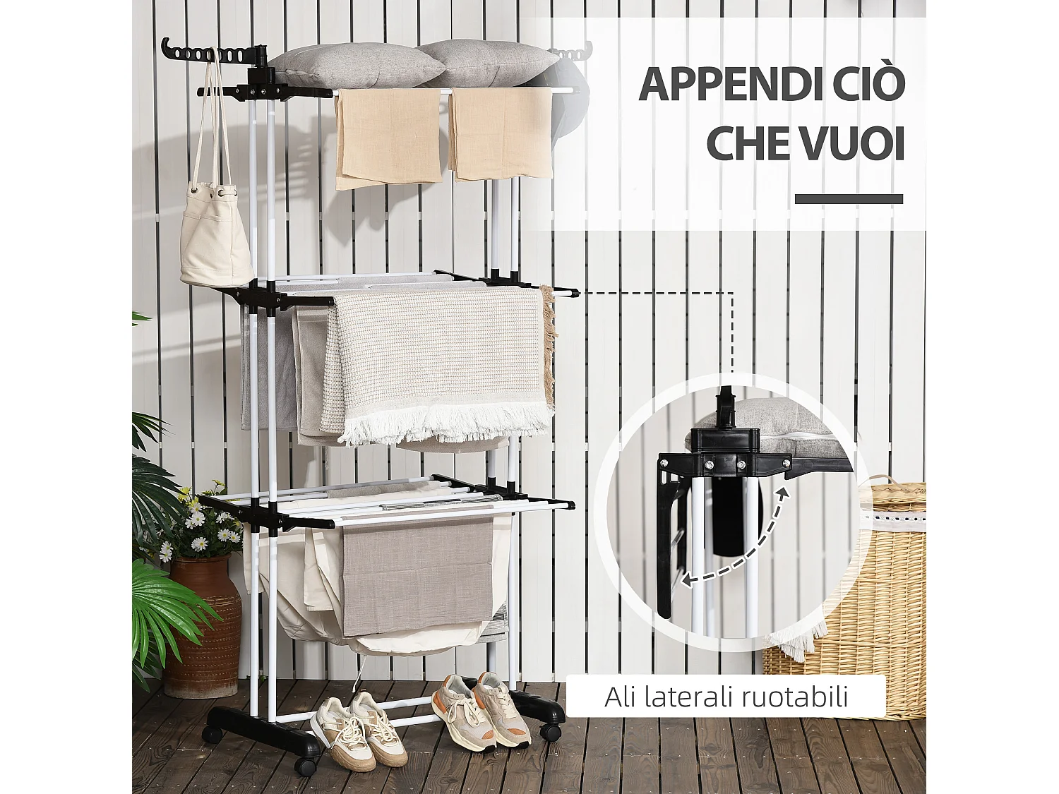 Stendibiancheria a 4 livelli con 4 ruote girevoli in acciaio e pp nero