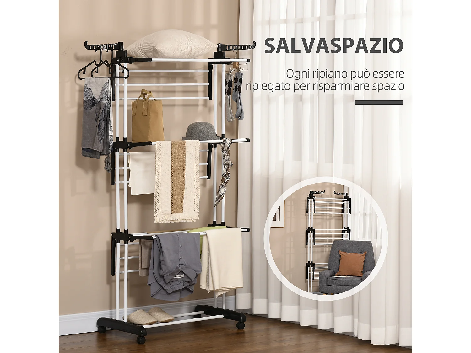 Stendibiancheria a 4 livelli con 4 ruote girevoli in acciaio e pp nero