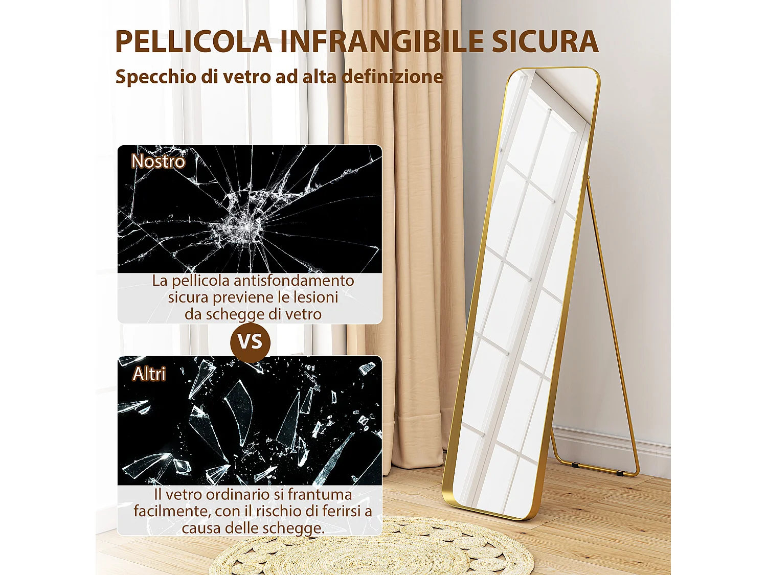 Specchio da terra figura intera con cavalletto 40x160 cm Oro