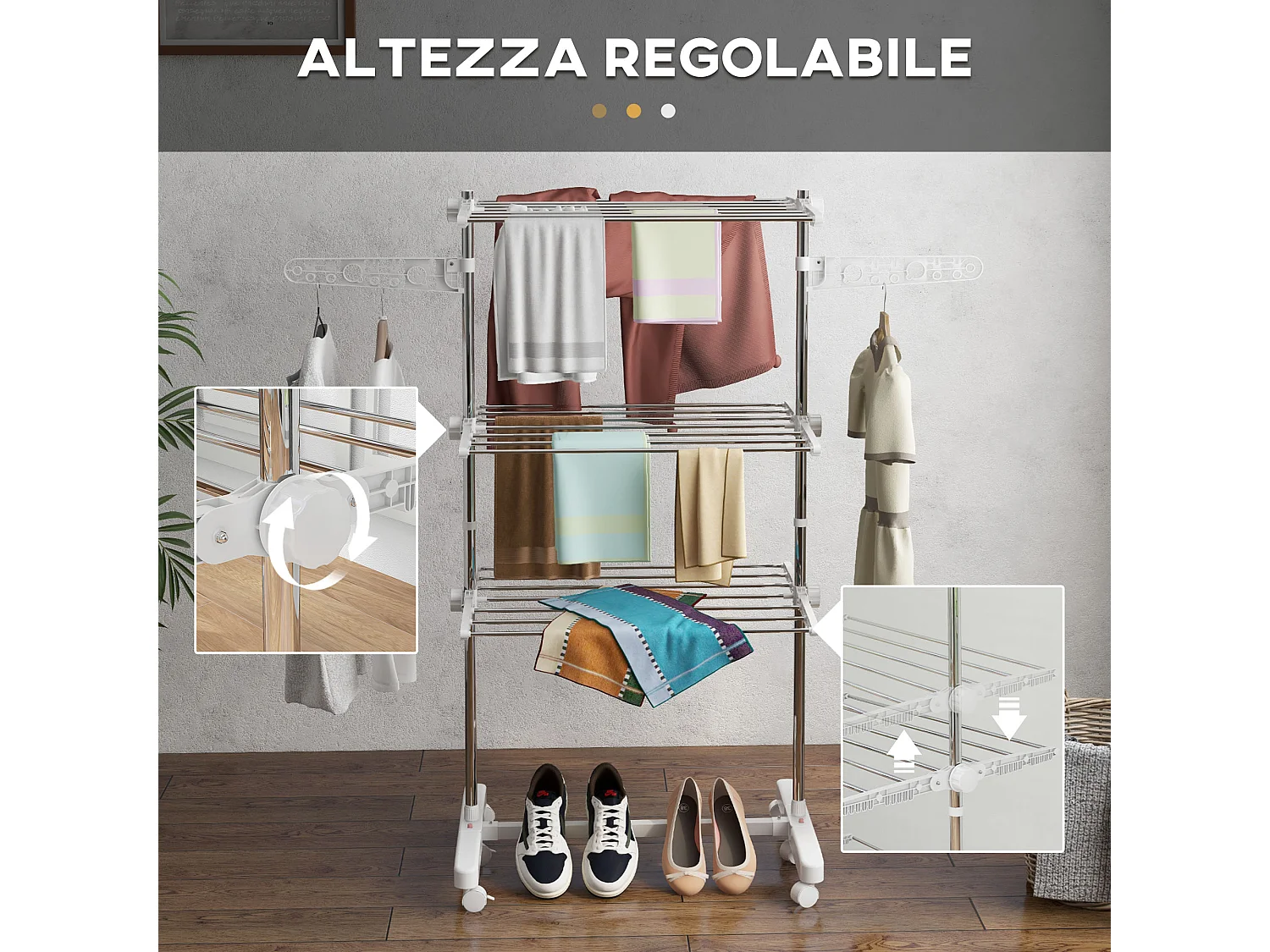 Stendibiancheria verticale 3 ripiani con ruote in acciaio inox