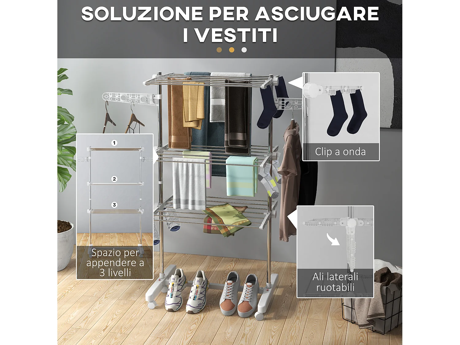 Stendibiancheria verticale 3 ripiani con ruote in acciaio inox