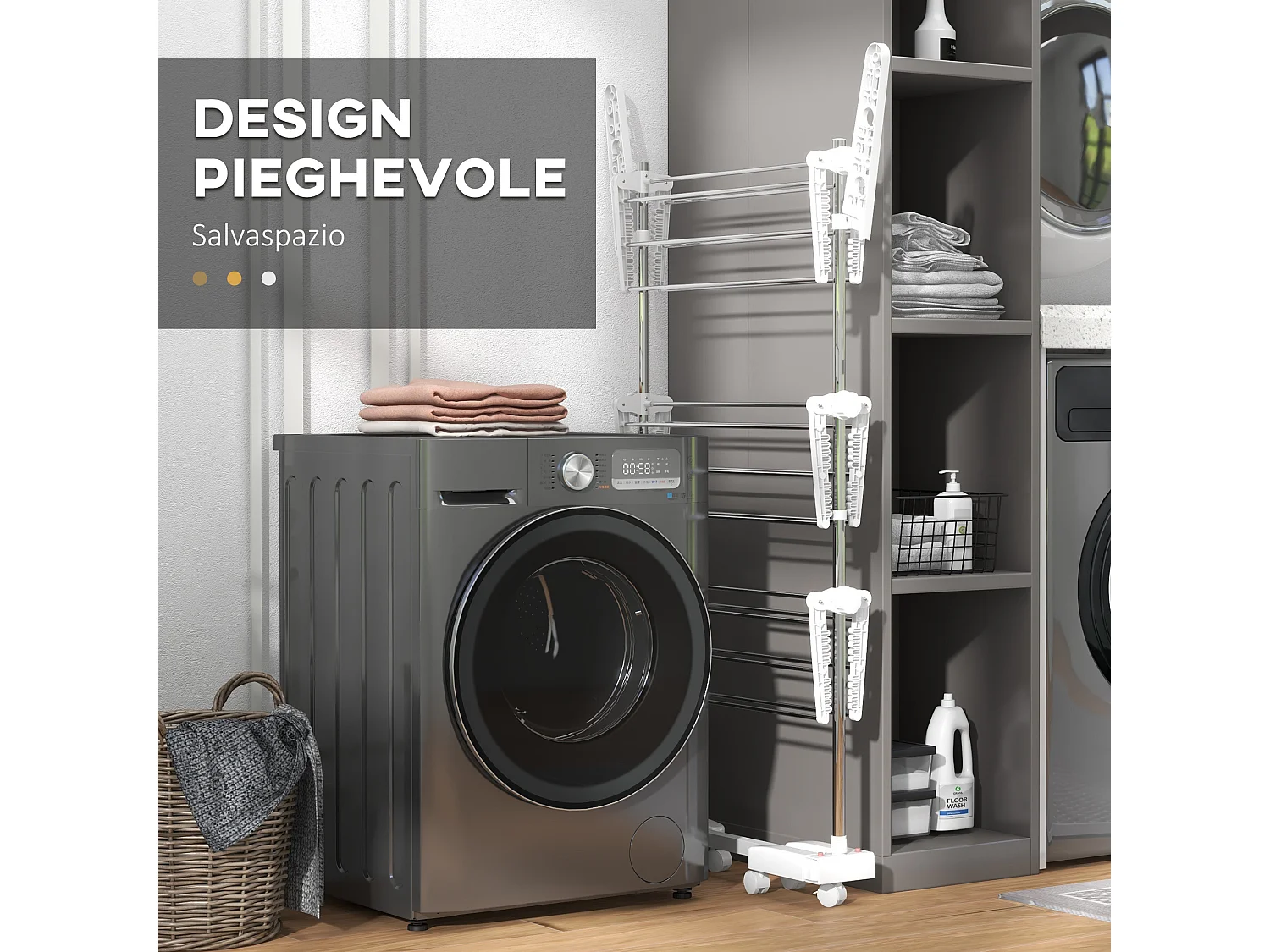 Stendibiancheria verticale 3 ripiani con ruote in acciaio inox