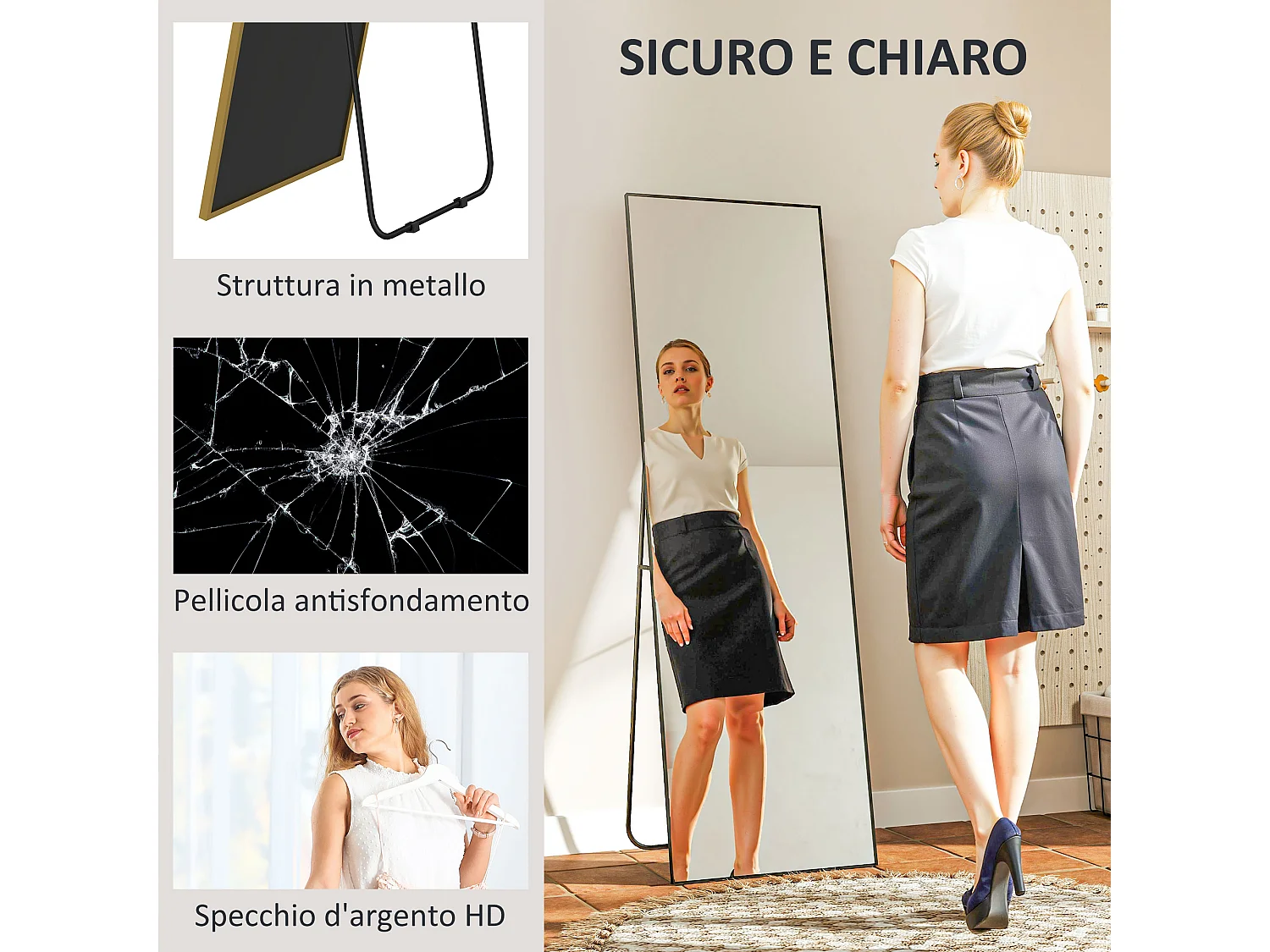 Specchio da terra figura intera autoportante o da parete 40x150 cm