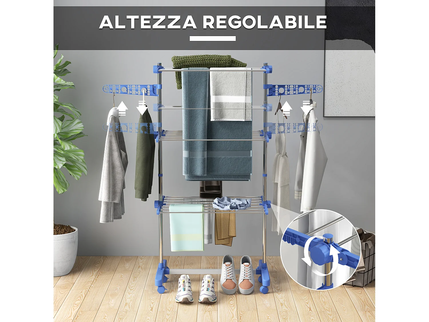 Stendino verticale pieghevole a 3 livelli regolabili e 6 ruote blu