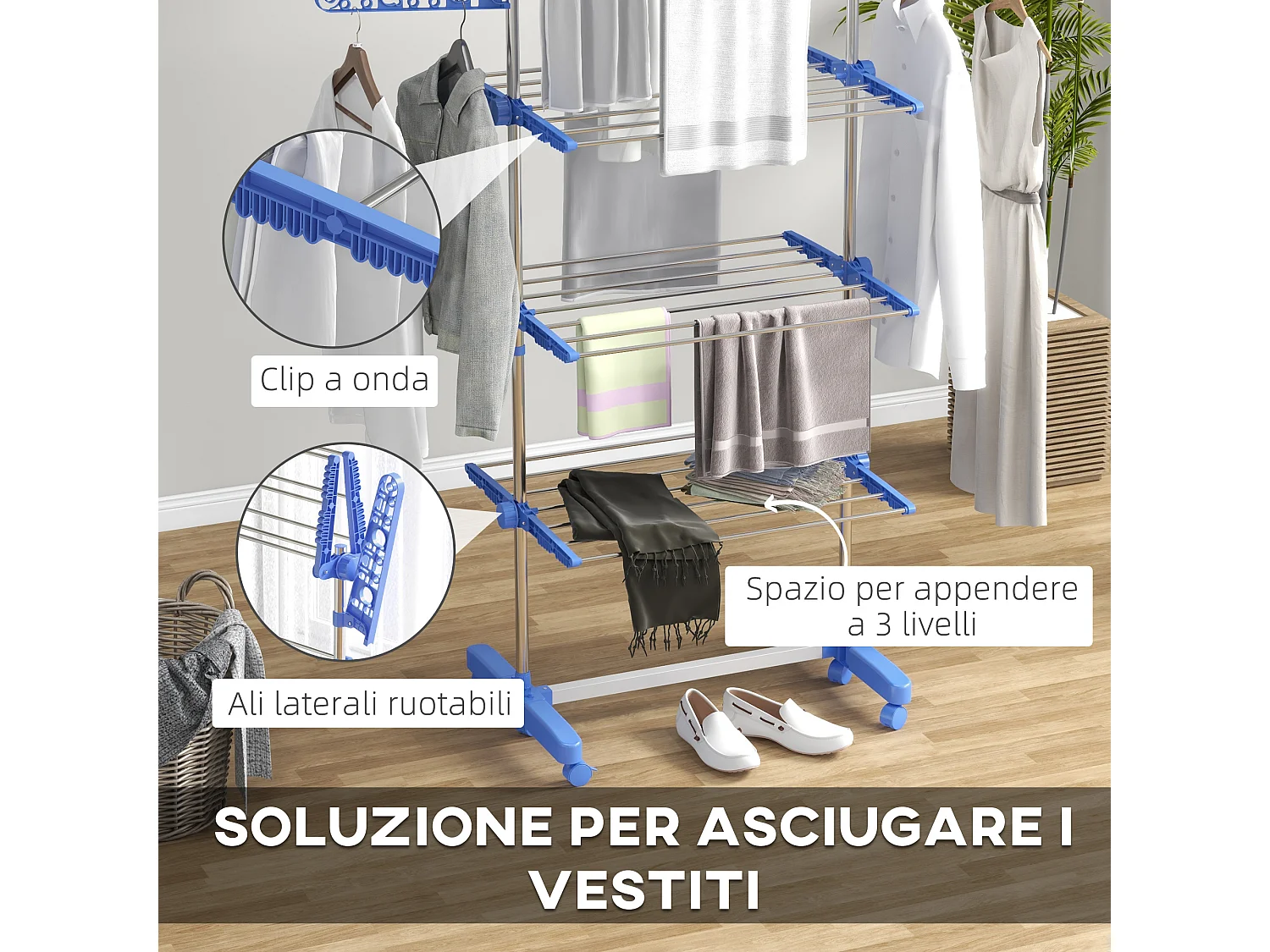 Stendino verticale pieghevole a 3 livelli regolabili e 6 ruote blu