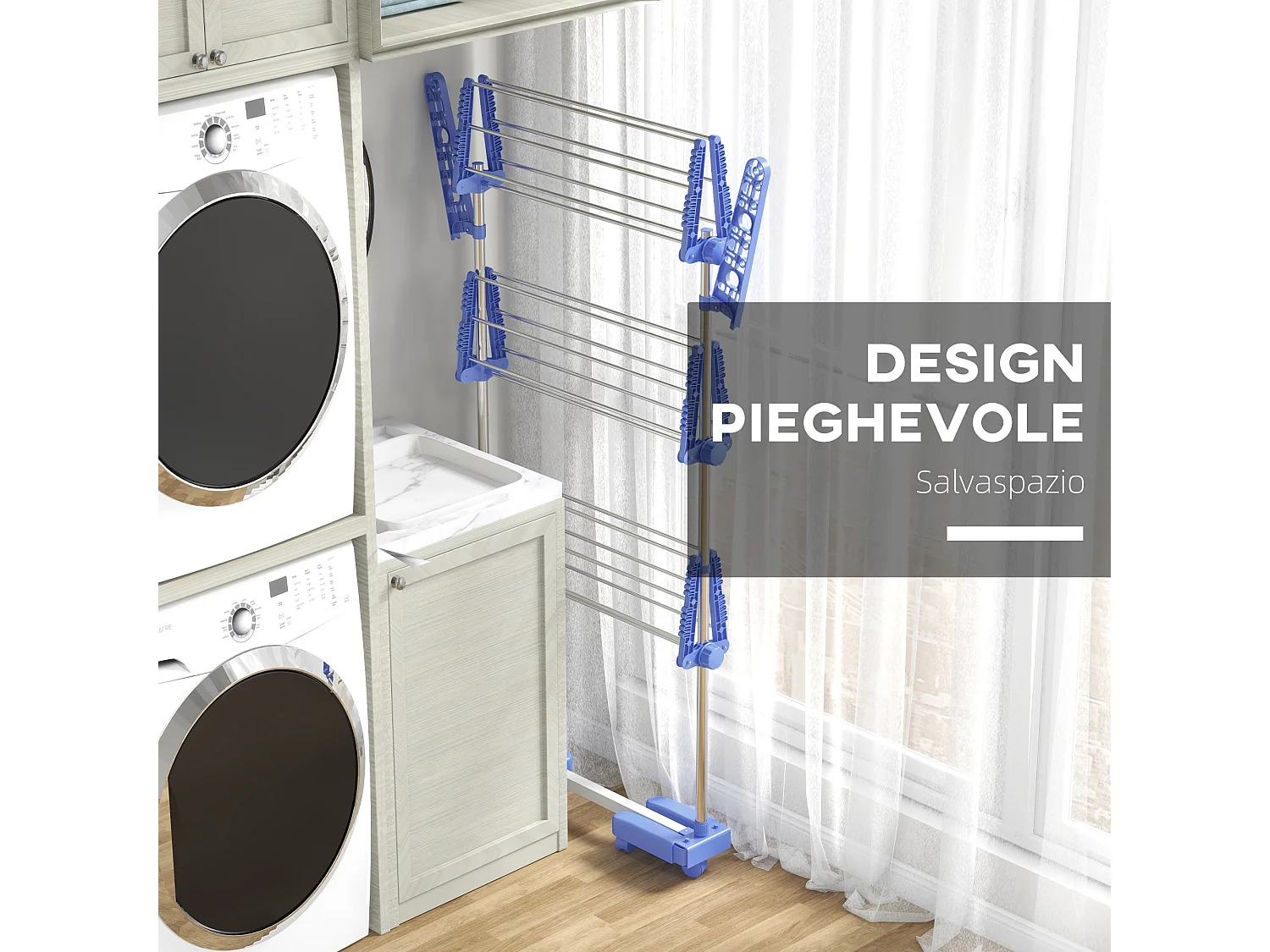 Stendino verticale pieghevole a 3 livelli regolabili e 6 ruote blu