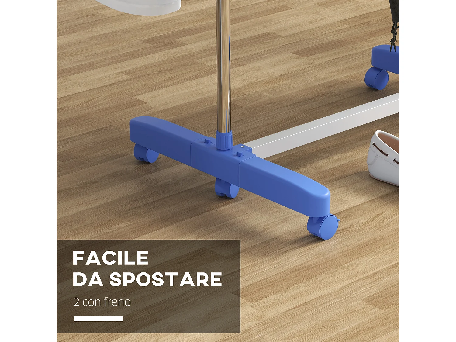 Stendino verticale pieghevole a 3 livelli regolabili e 6 ruote blu