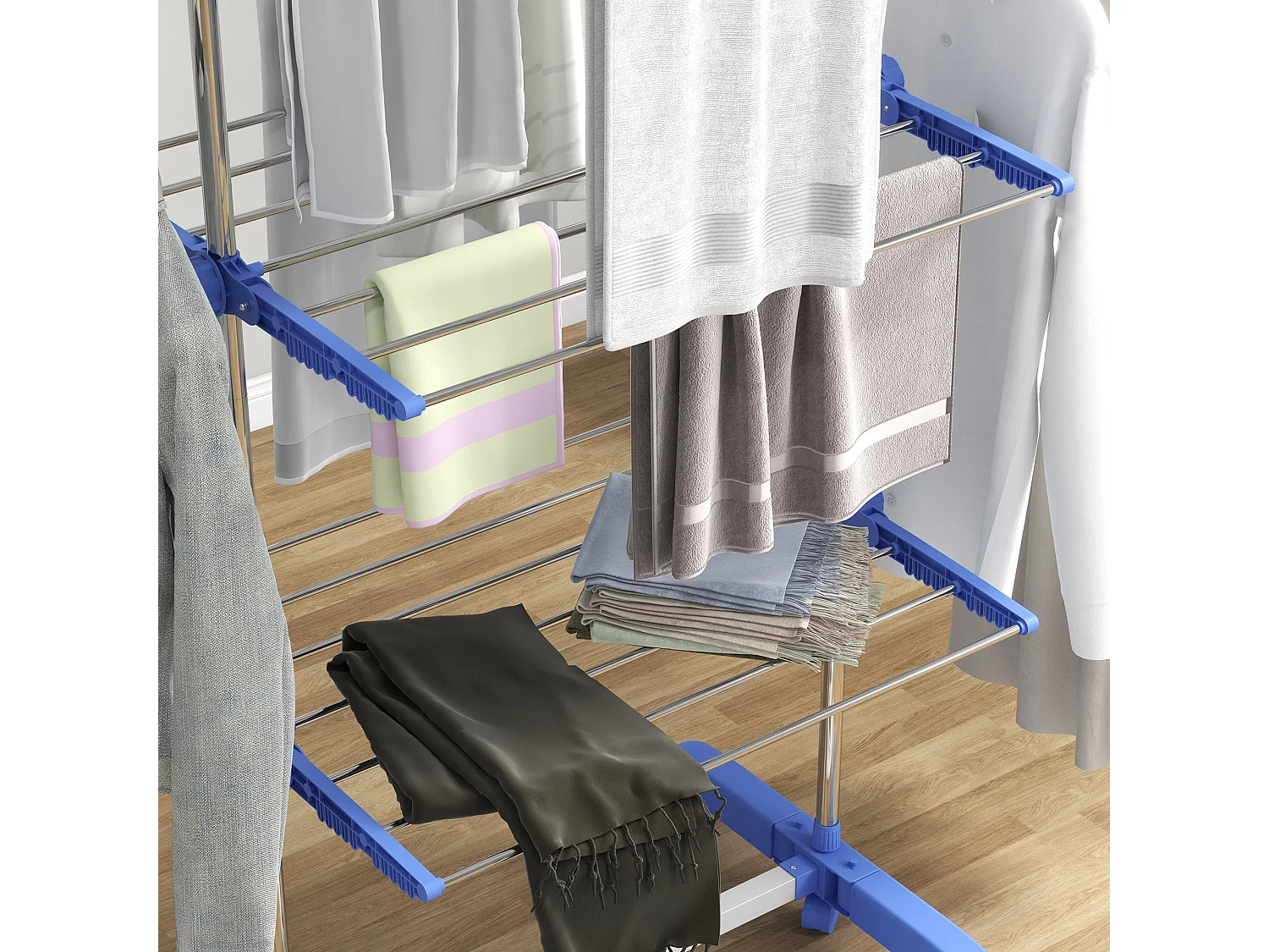 Stendino verticale pieghevole a 3 livelli regolabili e 6 ruote blu