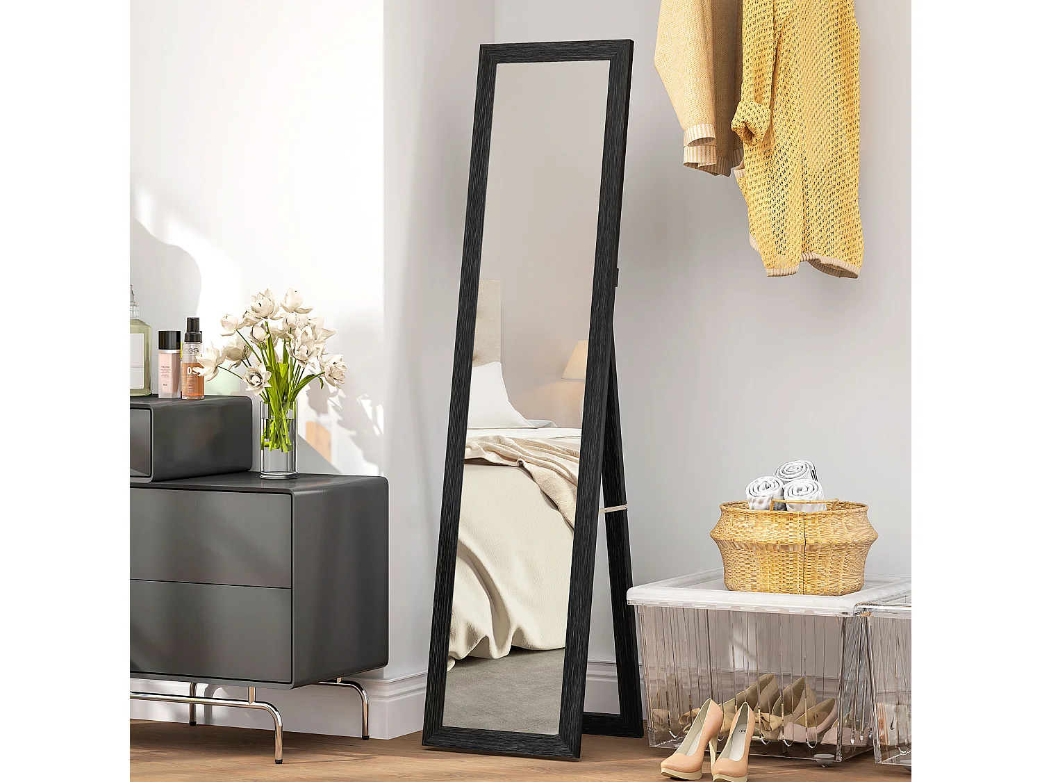 Specchio da parete e da terra alto con cornice in legno nero