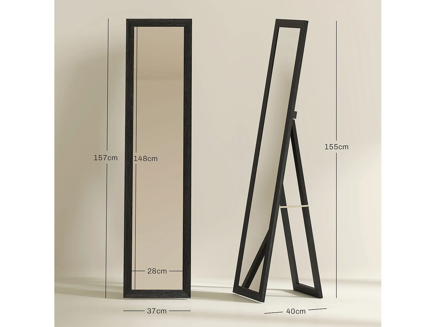 Specchio da parete e da terra alto con cornice in legno nero