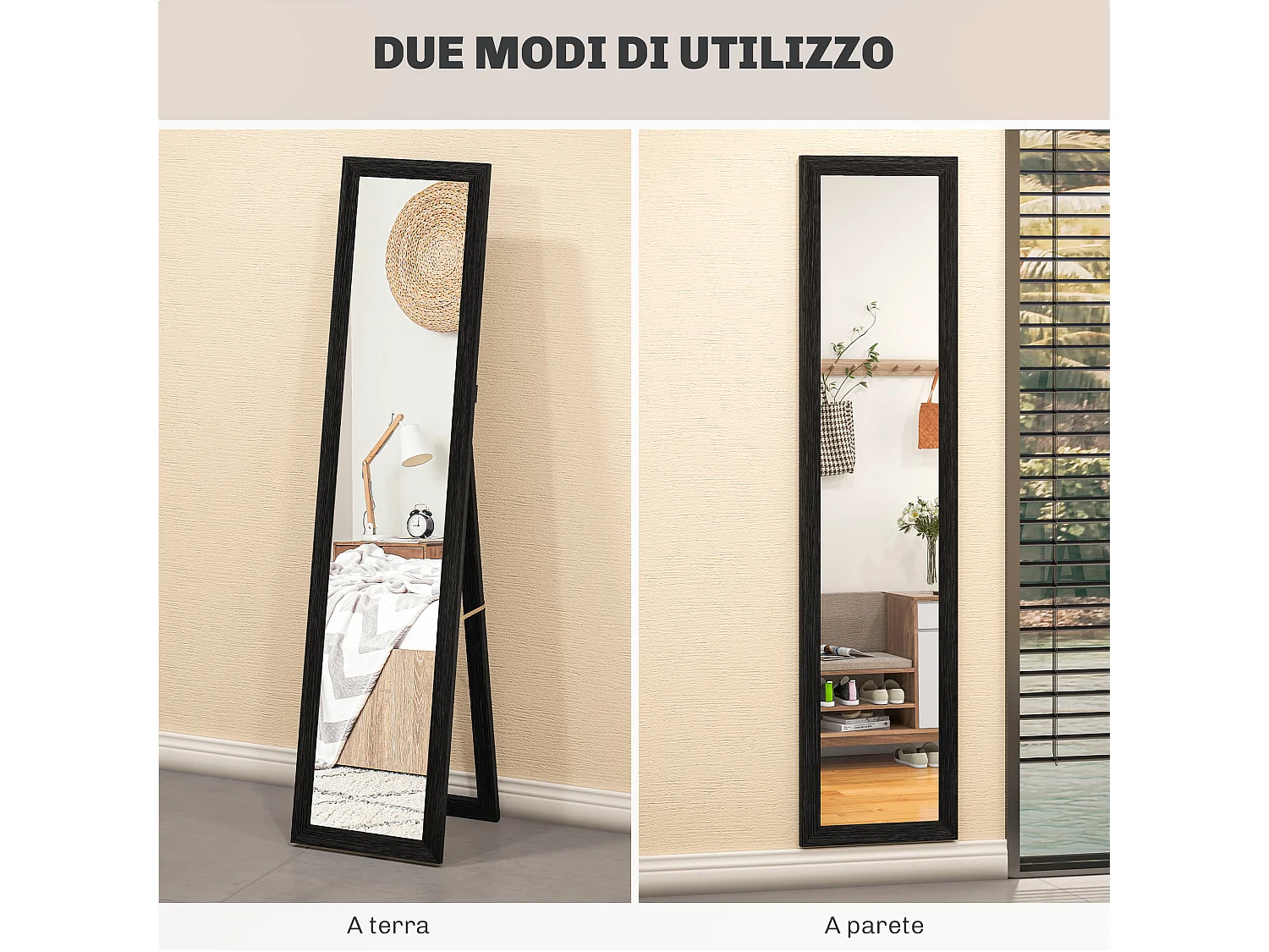 Specchio da parete e da terra alto con cornice in legno nero