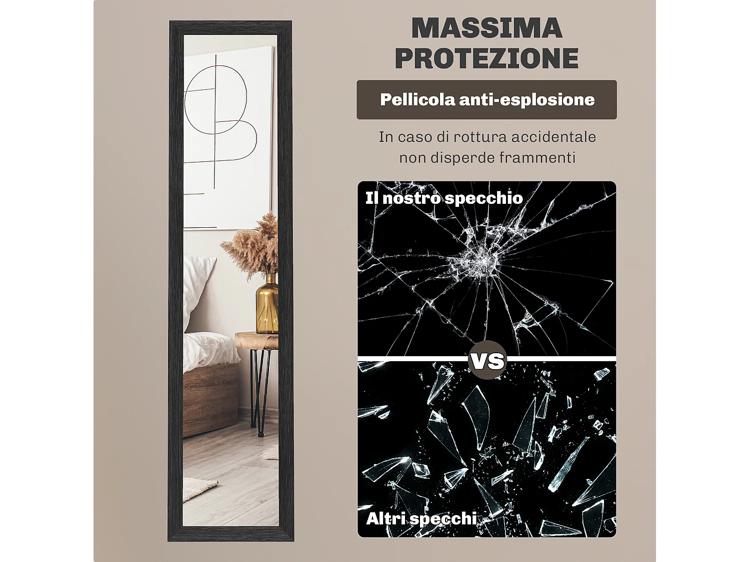 Specchio da parete e da terra alto con cornice in legno nero