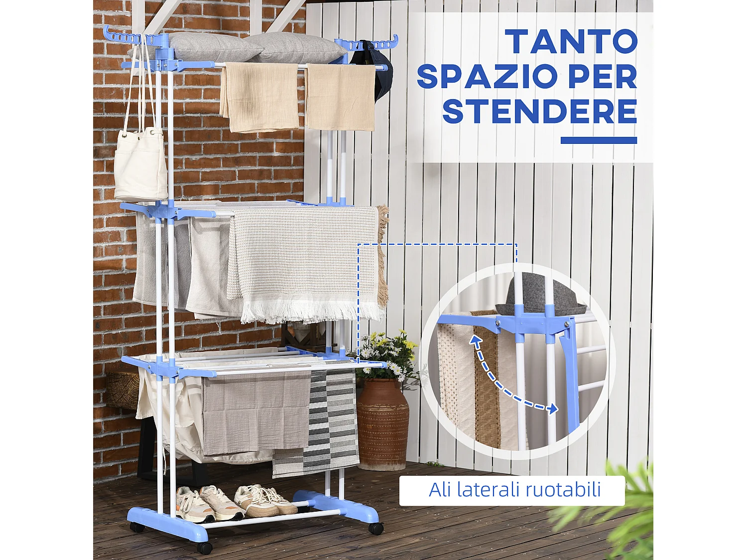 Stendibiancheria 4 livelli con 4 ruote girevoli bianco argento