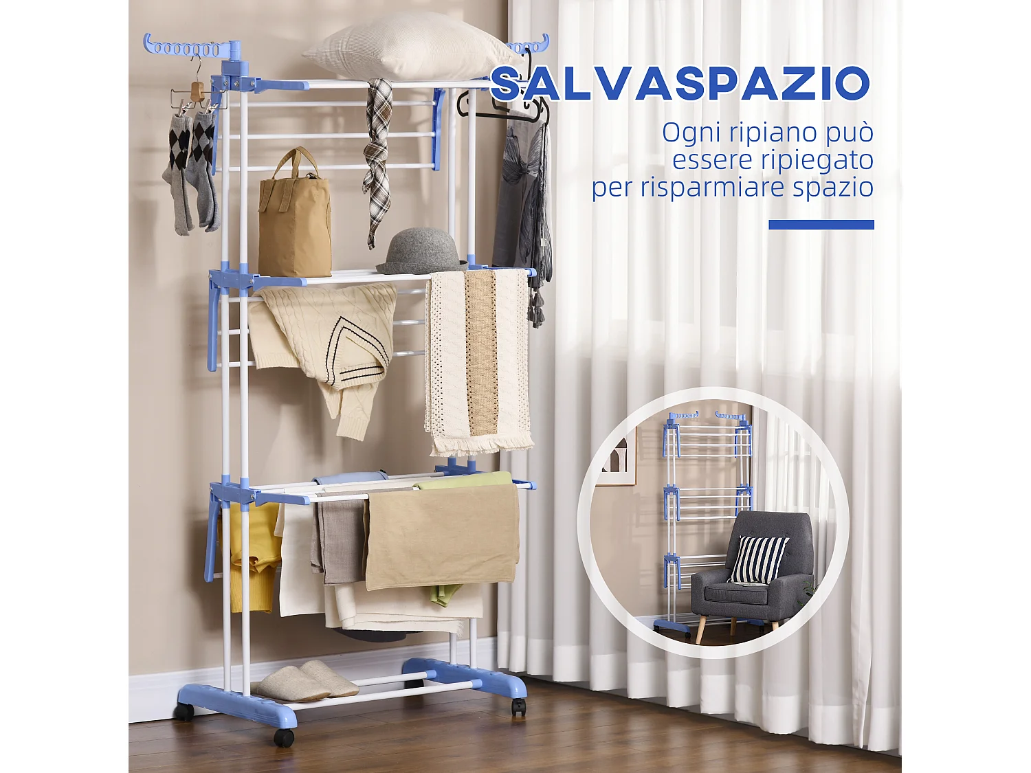 Stendibiancheria 4 livelli con 4 ruote girevoli bianco argento