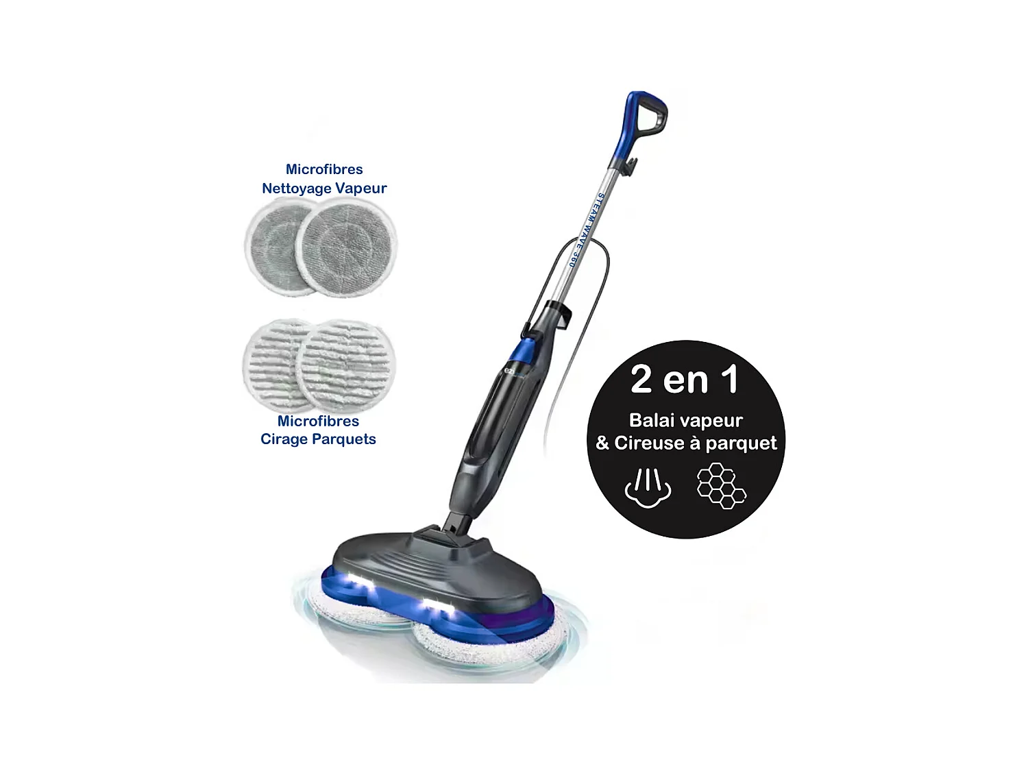Balai 2 en 1 : Nettoyeur Vapeur / Cireuse de Parquet eziclean® Steam Wave 360