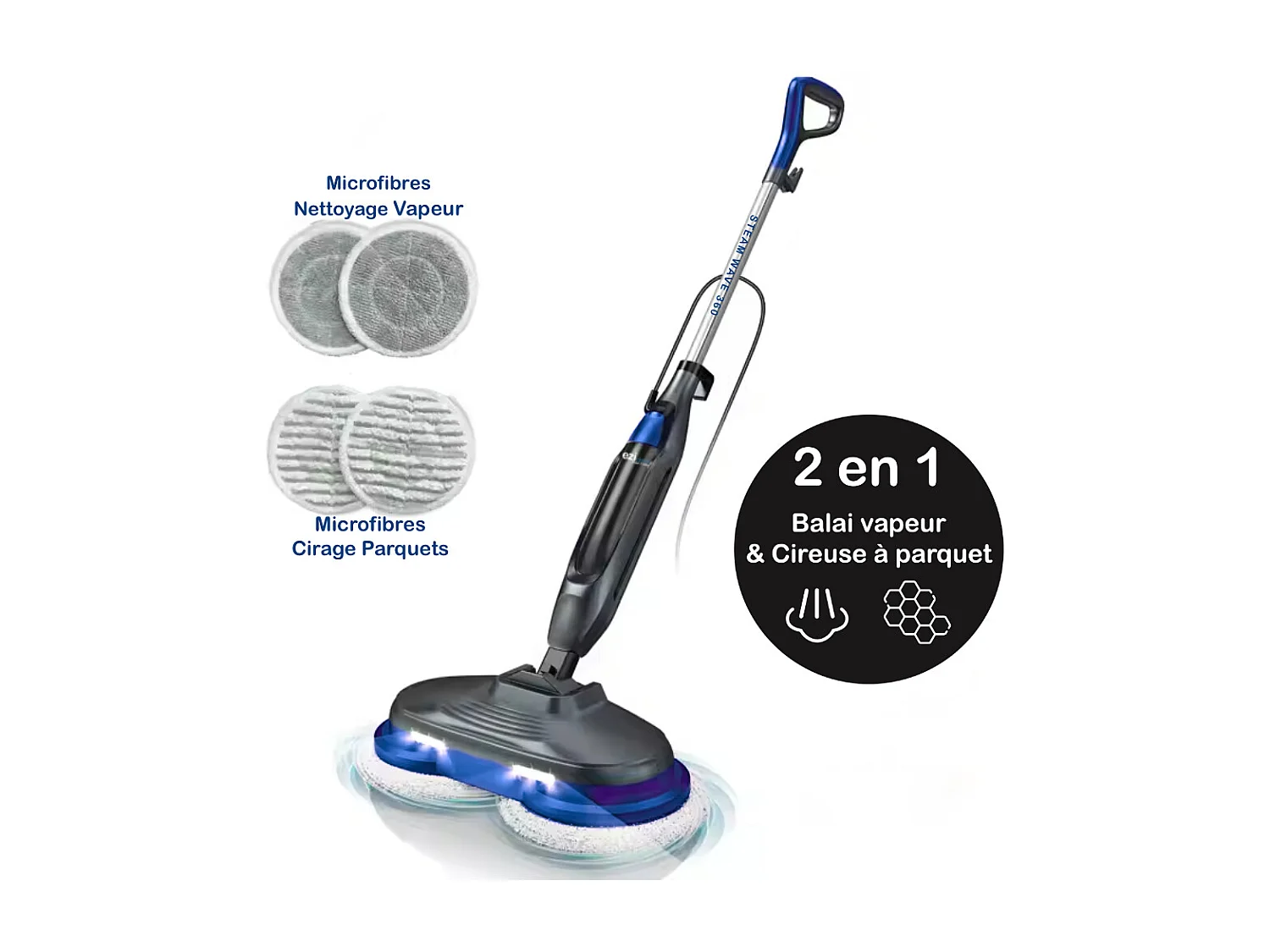 Balai 2 en 1 : Nettoyeur Vapeur / Cireuse de Parquet eziclean® Steam Wave 360