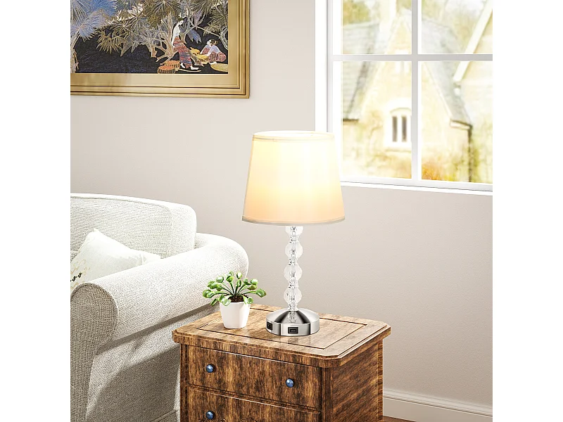 Lampada da tavolo con cristalli e porta usb bianco e argento