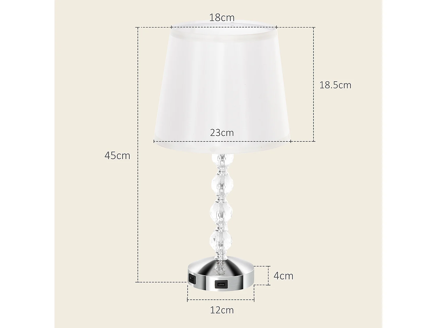 Lampada da tavolo con cristalli e porta usb bianco e argento