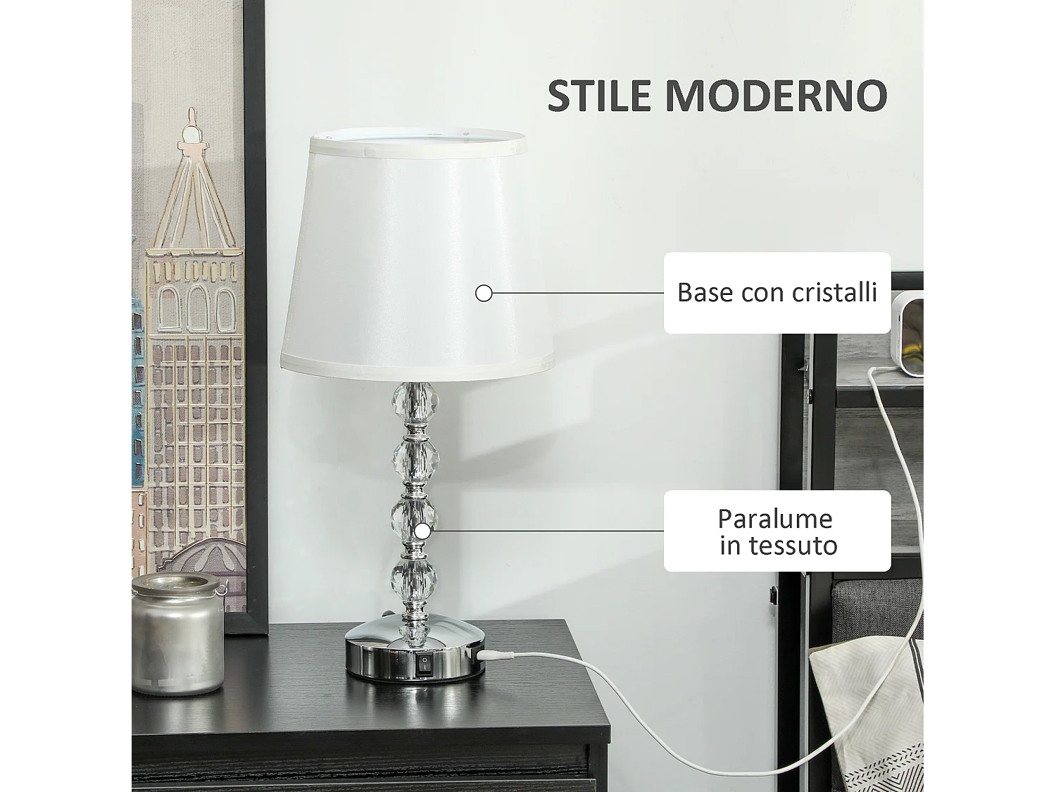 Lampada da tavolo con cristalli e porta usb bianco e argento