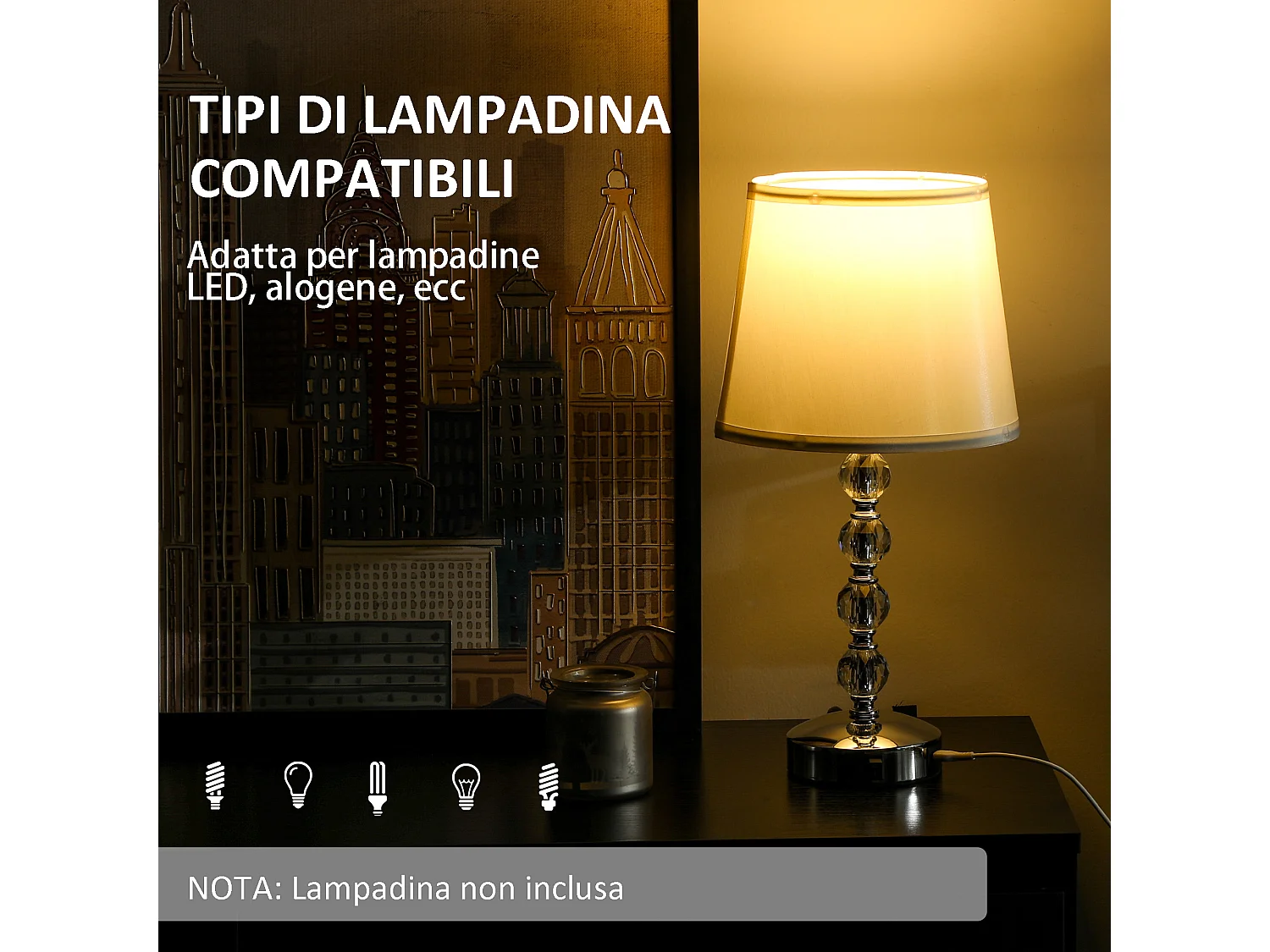 Lampada da tavolo con cristalli e porta usb bianco e argento
