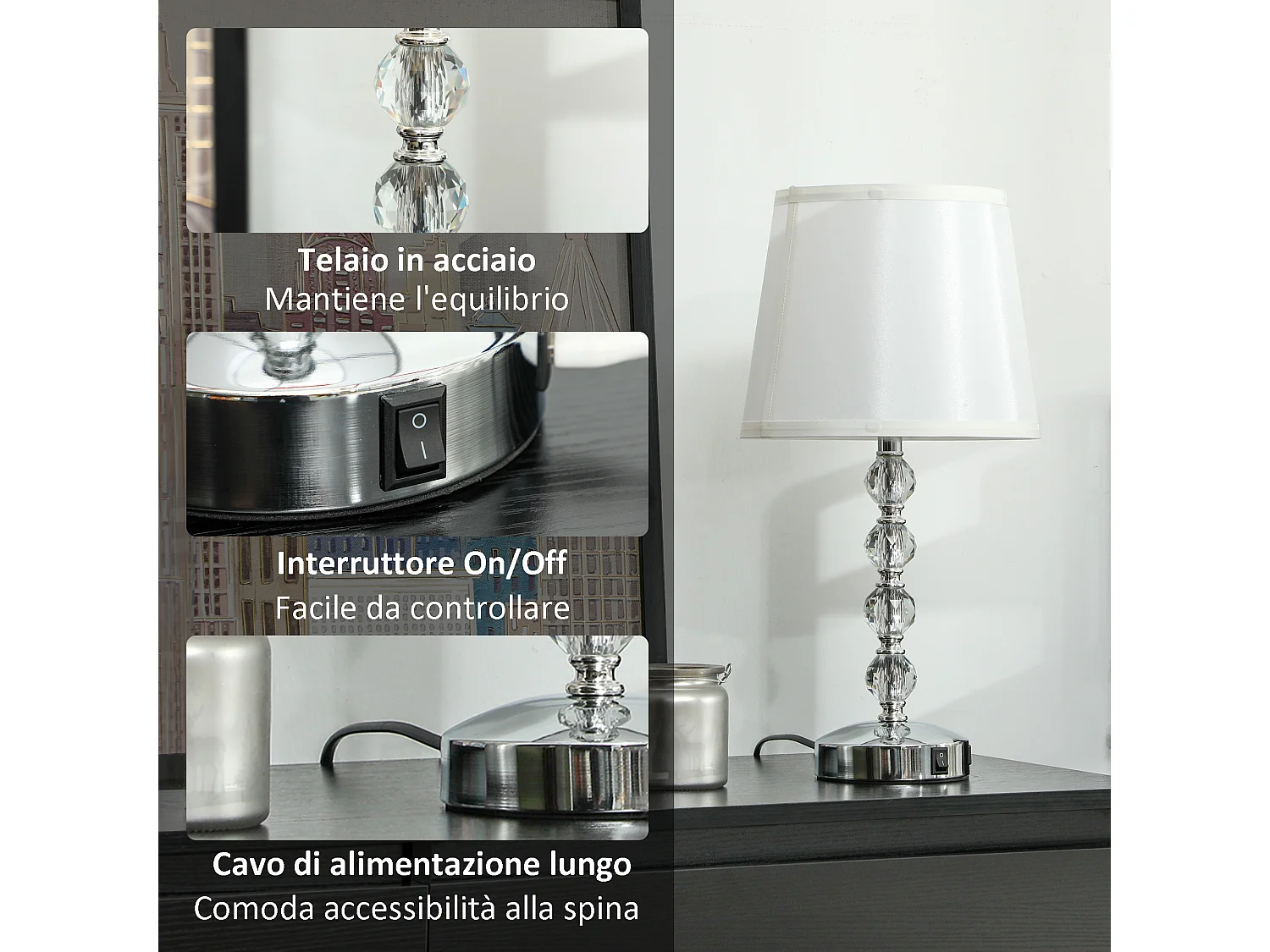 Lampada da tavolo con cristalli e porta usb bianco e argento