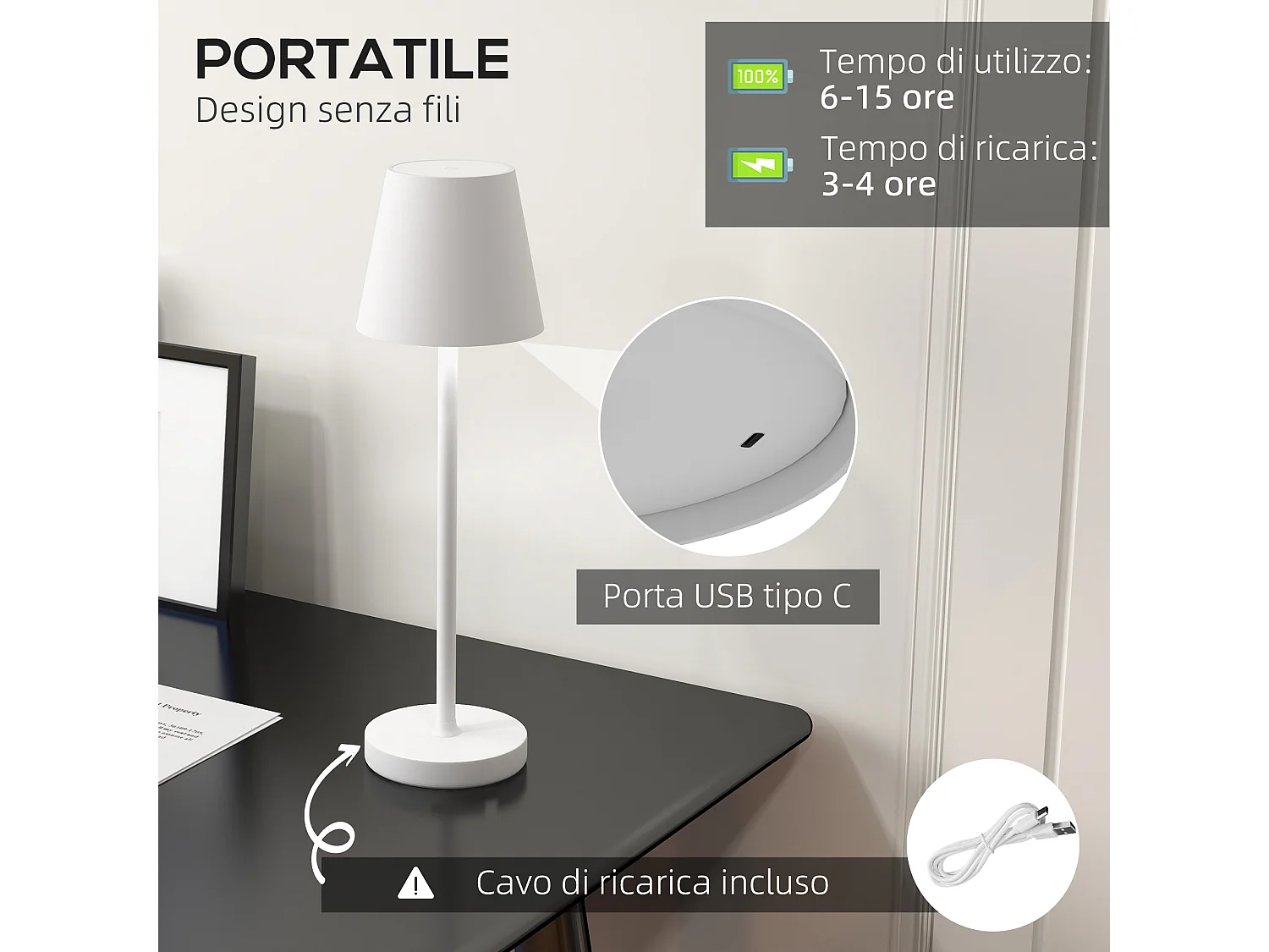 Lampada da tavolo da 3600mah in acrilico e metallo bianco