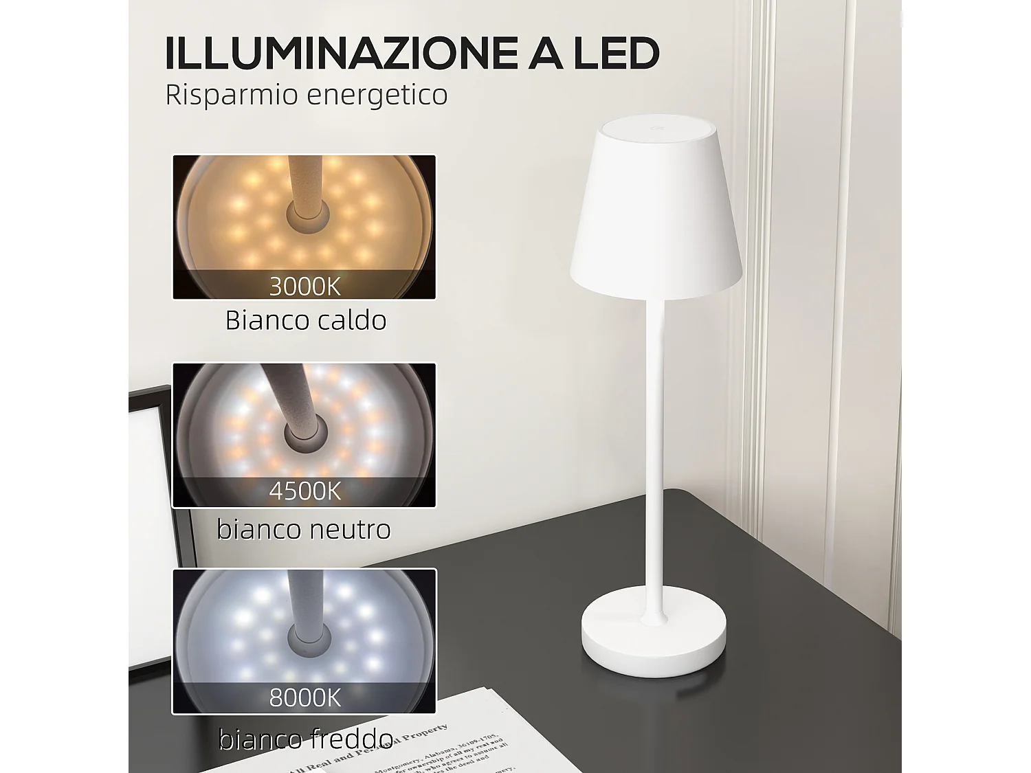 Lampada da tavolo da 3600mah in acrilico e metallo bianco