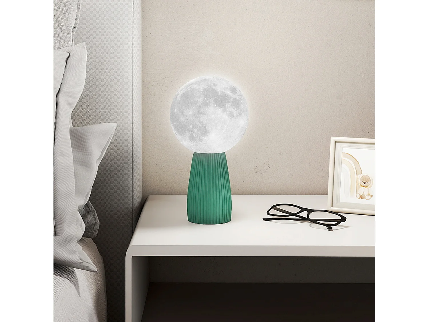Lampada da tavolo a 3 colori a forma di luna in abs bianco verde scuro