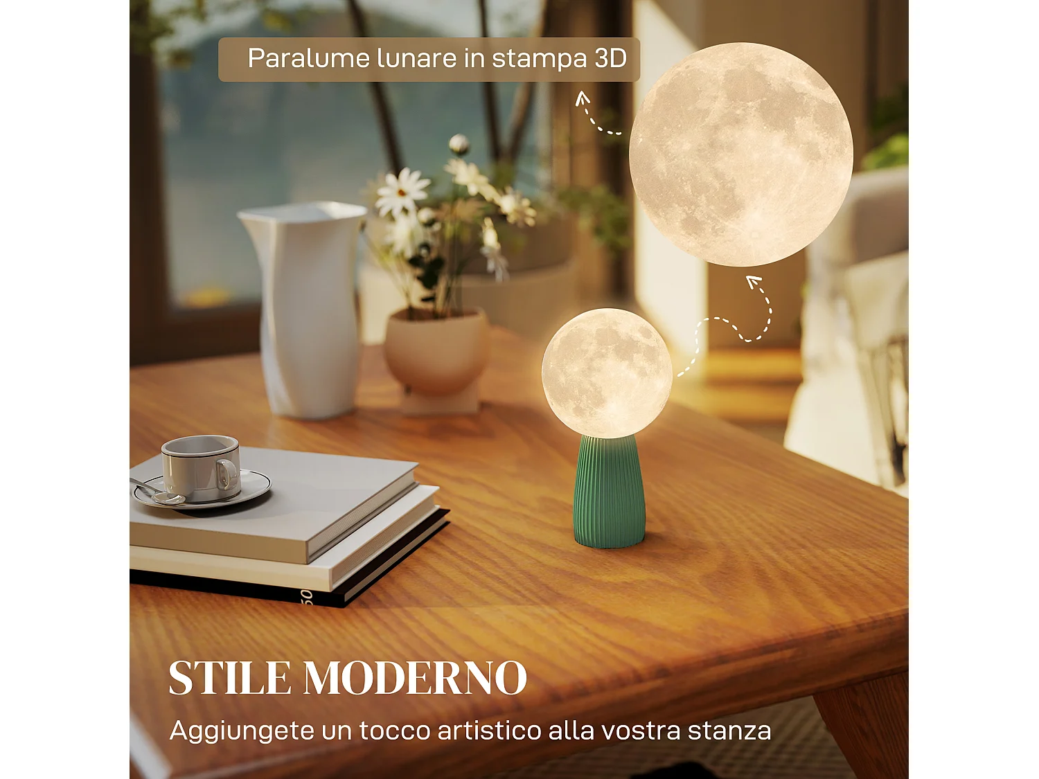 Lampada da tavolo a 3 colori a forma di luna in abs bianco verde scuro