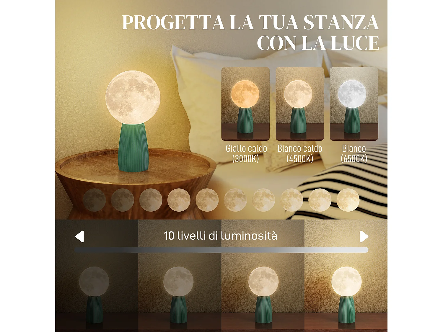 Lampada da tavolo a 3 colori a forma di luna in abs bianco verde scuro