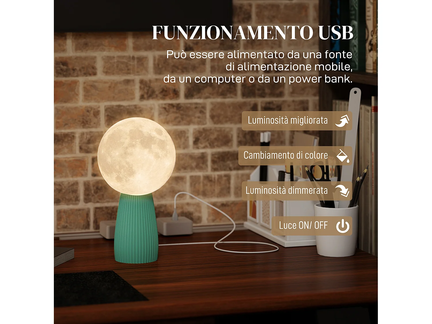 Lampada da tavolo a 3 colori a forma di luna in abs bianco verde scuro