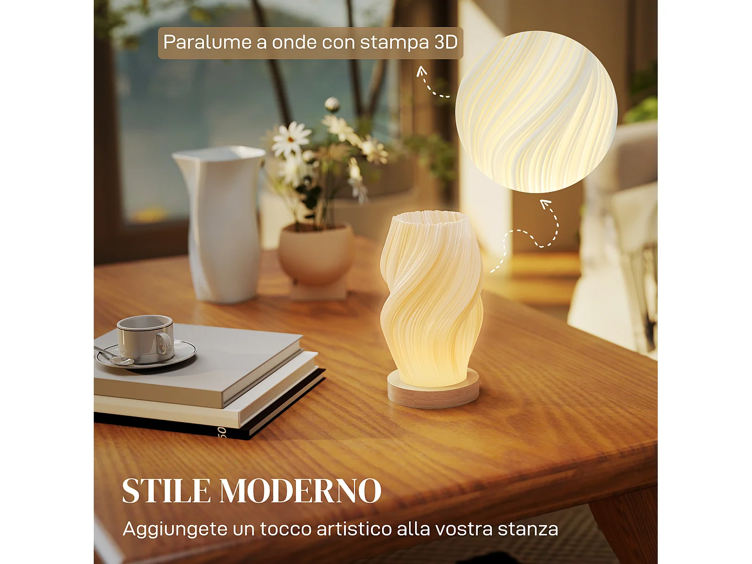 Lampada da tavolo a 3 colori con 10 luminosità in abs bianco e legno