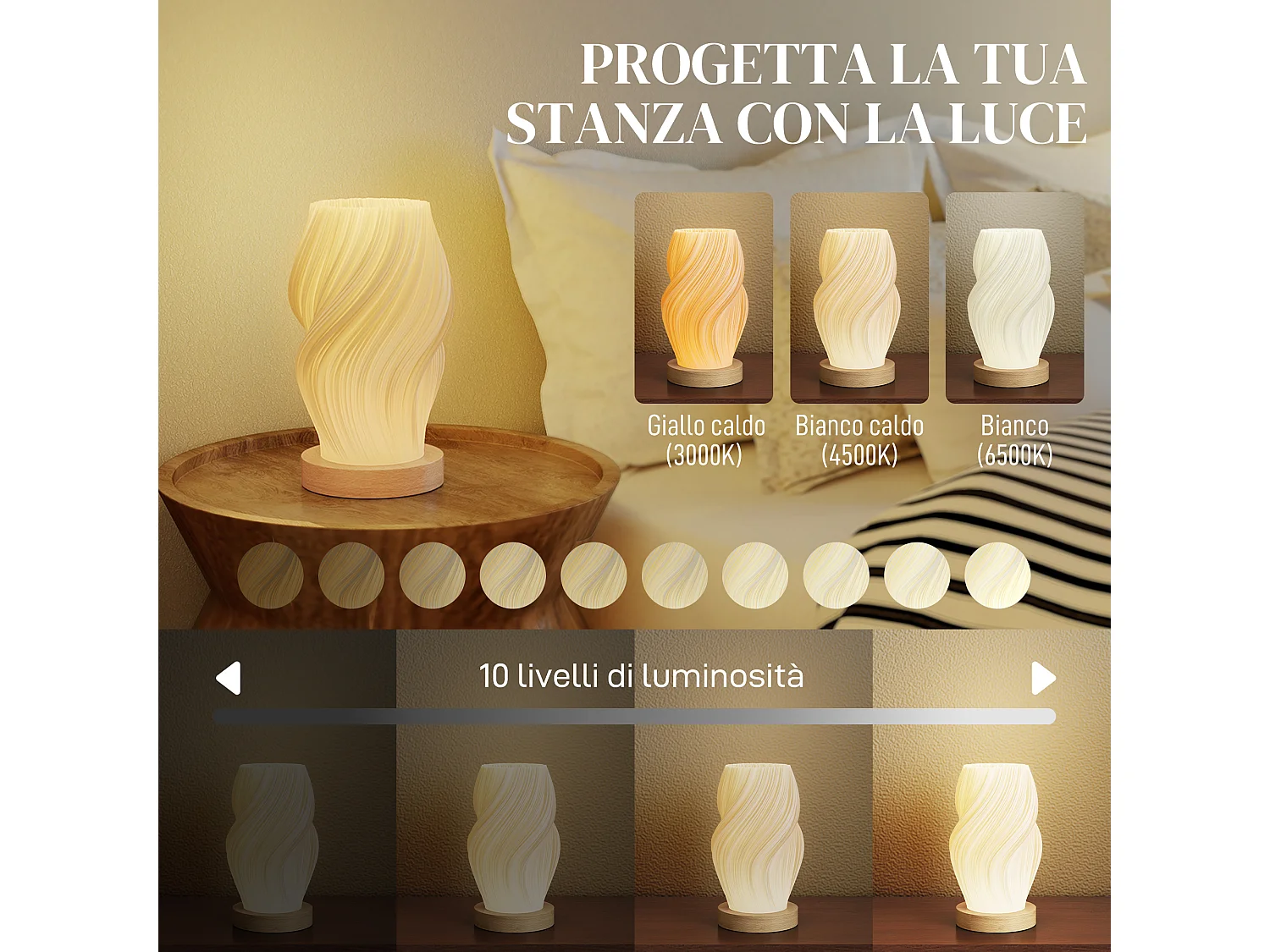 Lampada da tavolo a 3 colori con 10 luminosità in abs bianco e legno
